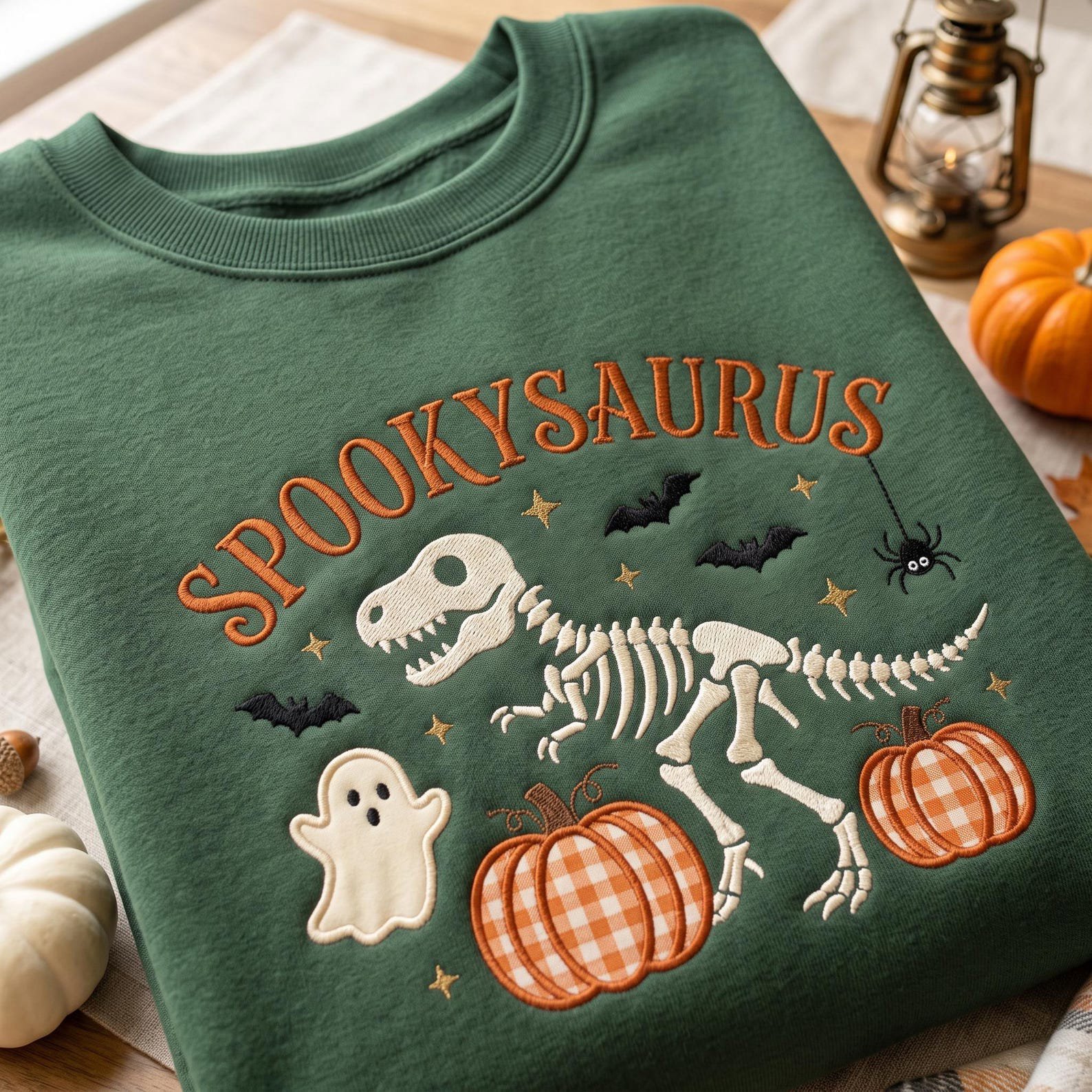 Embroidered Spooky Dinosaur Halloween Applique Sweatshirt, Skeleton T Rex Shirt, Gingham Pumpkin Design, Cute Fall Gift, Spooky Season Shirt 1