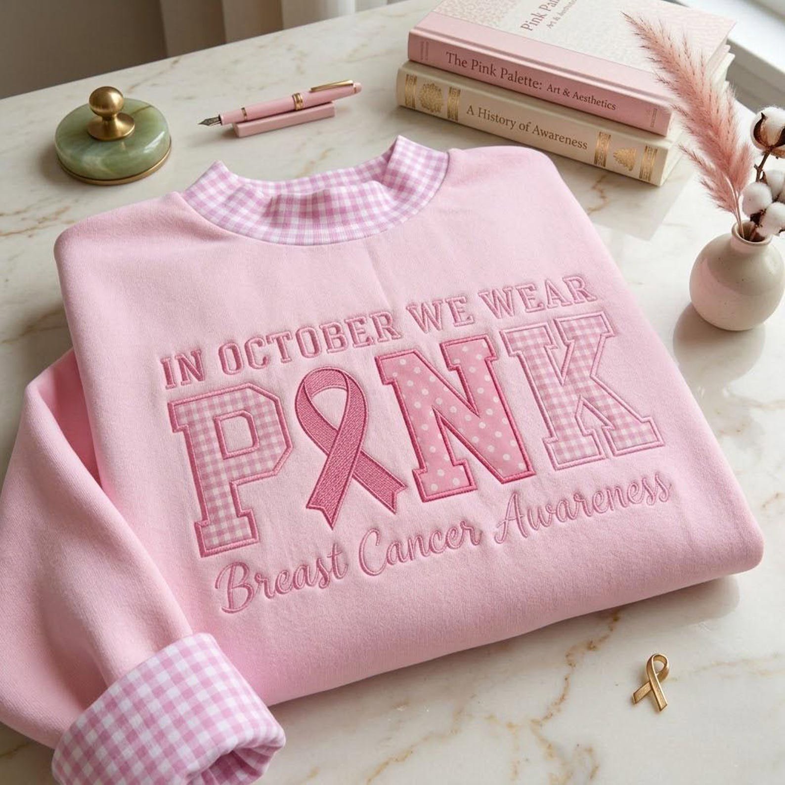 In October We Wear Pink Gingham Mock Neck Sweatshirt, Breast Cancer Awareness Applique Crewneck, Pink Ribbon Support Gift 1