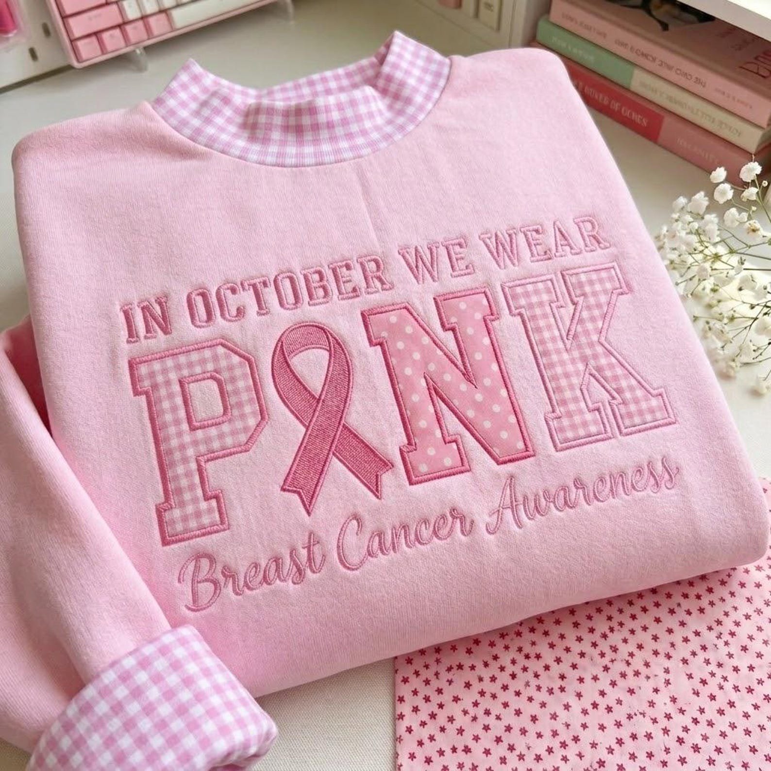 In October We Wear Pink Gingham Mock Neck Sweatshirt, Breast Cancer Awareness Applique Crewneck, Pink Ribbon Support Gift 4