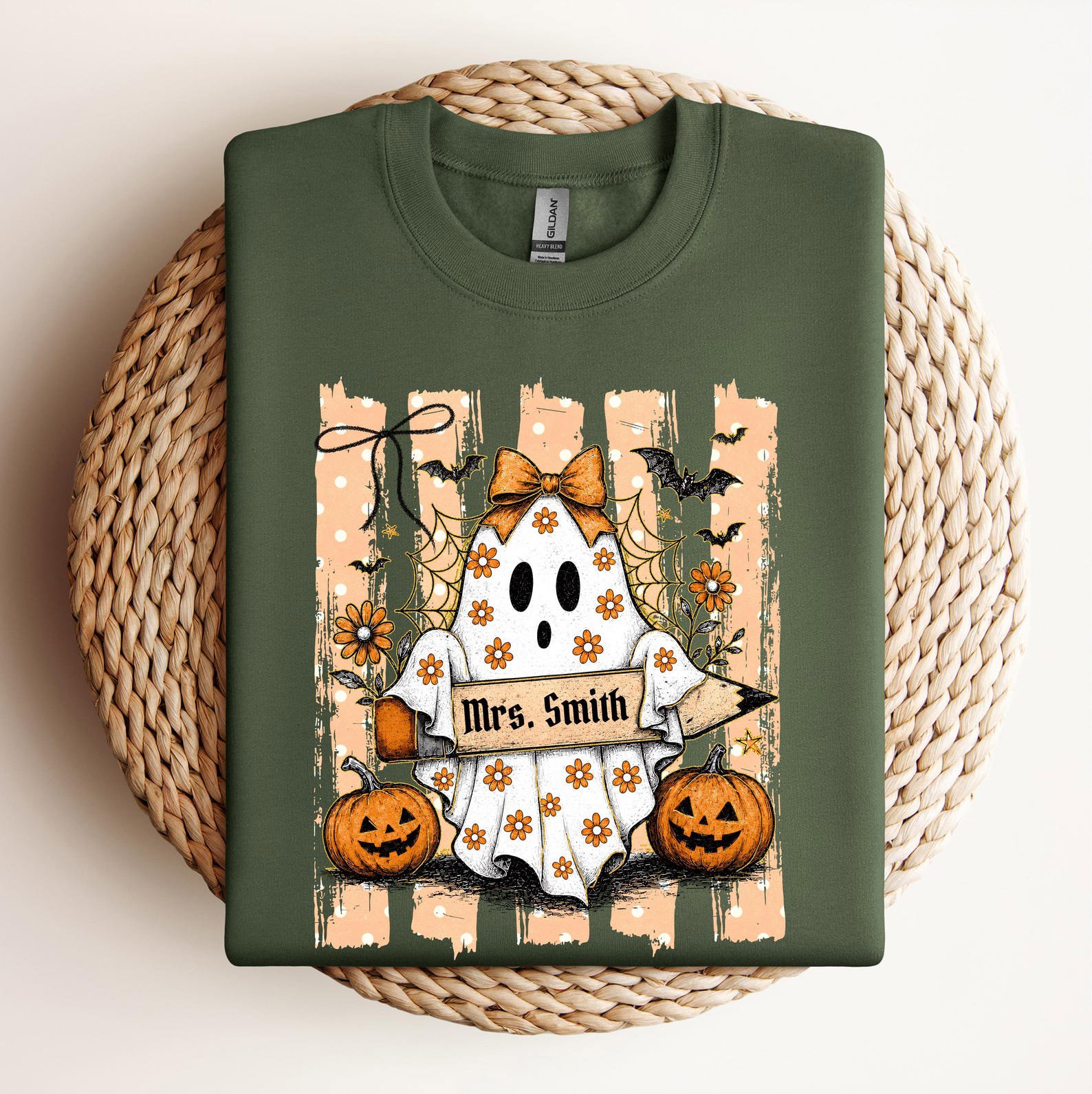 Custom Name Halloween Teacher Shirt, Floral Ghost Pencil Graphic For Matching School Faculty Outfit 1