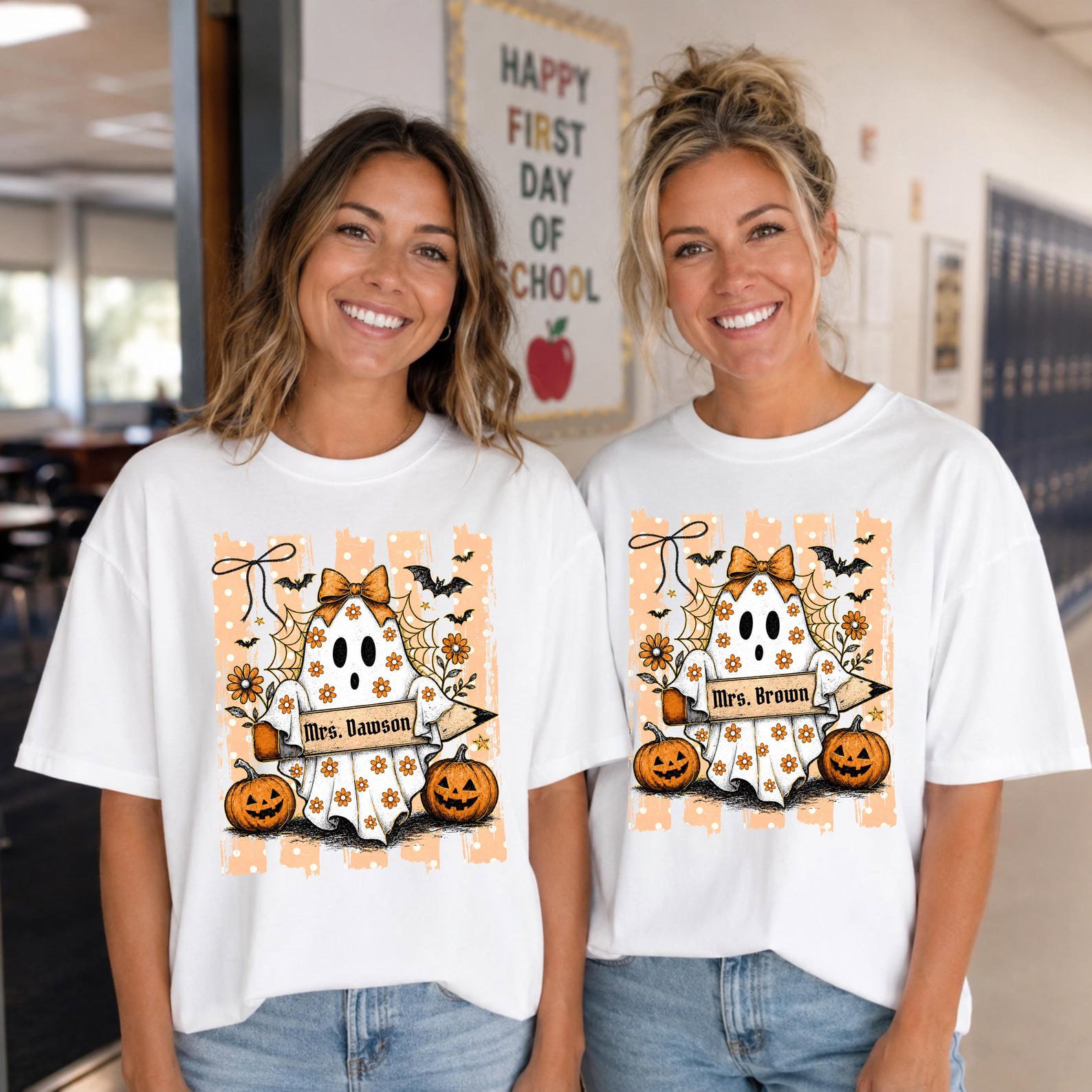 Custom Name Halloween Teacher Shirt, Floral Ghost Pencil Graphic For Matching School Faculty Outfit 2