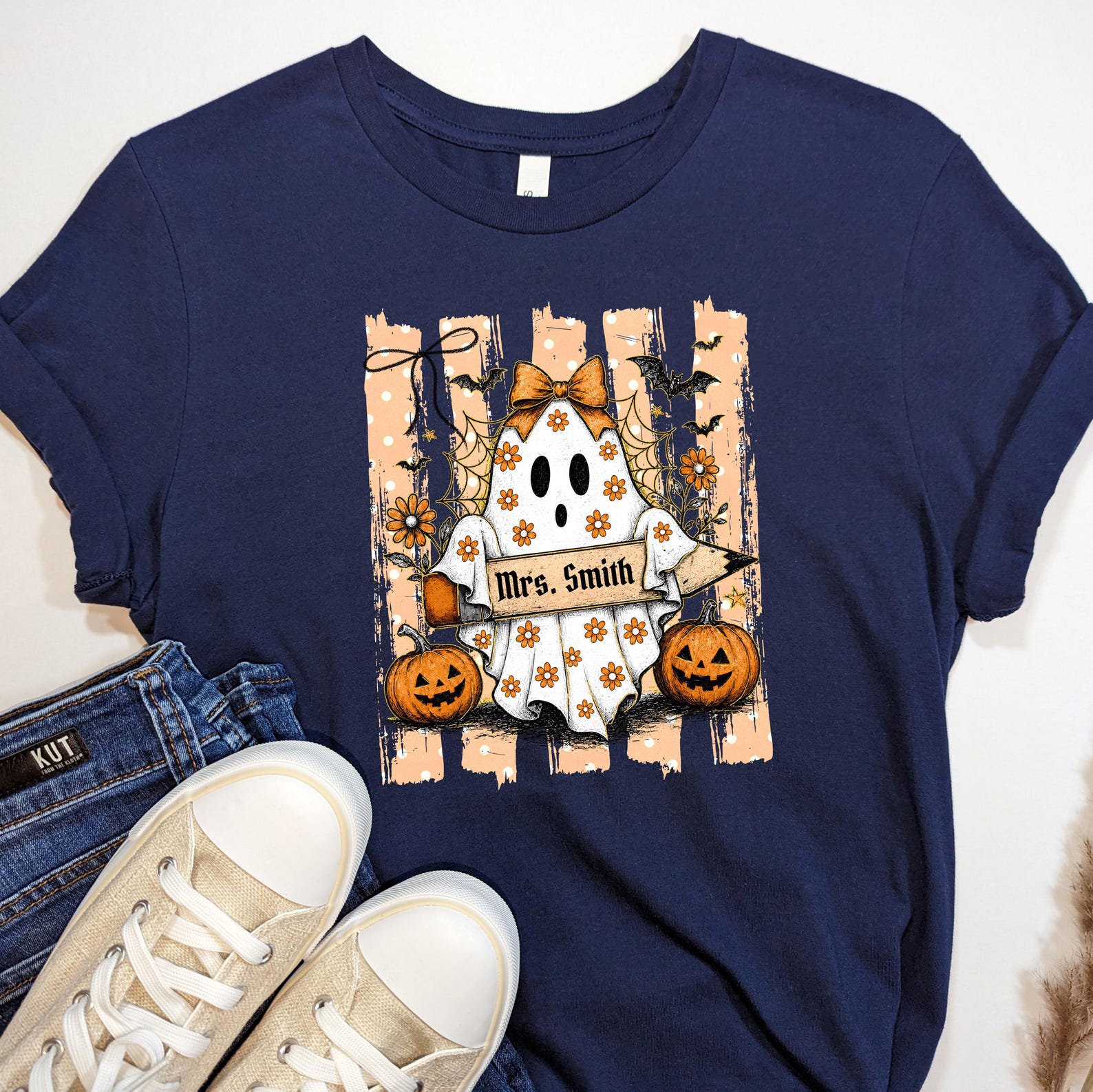 Custom Name Halloween Teacher Shirt, Floral Ghost Pencil Graphic For Matching School Faculty Outfit 3
