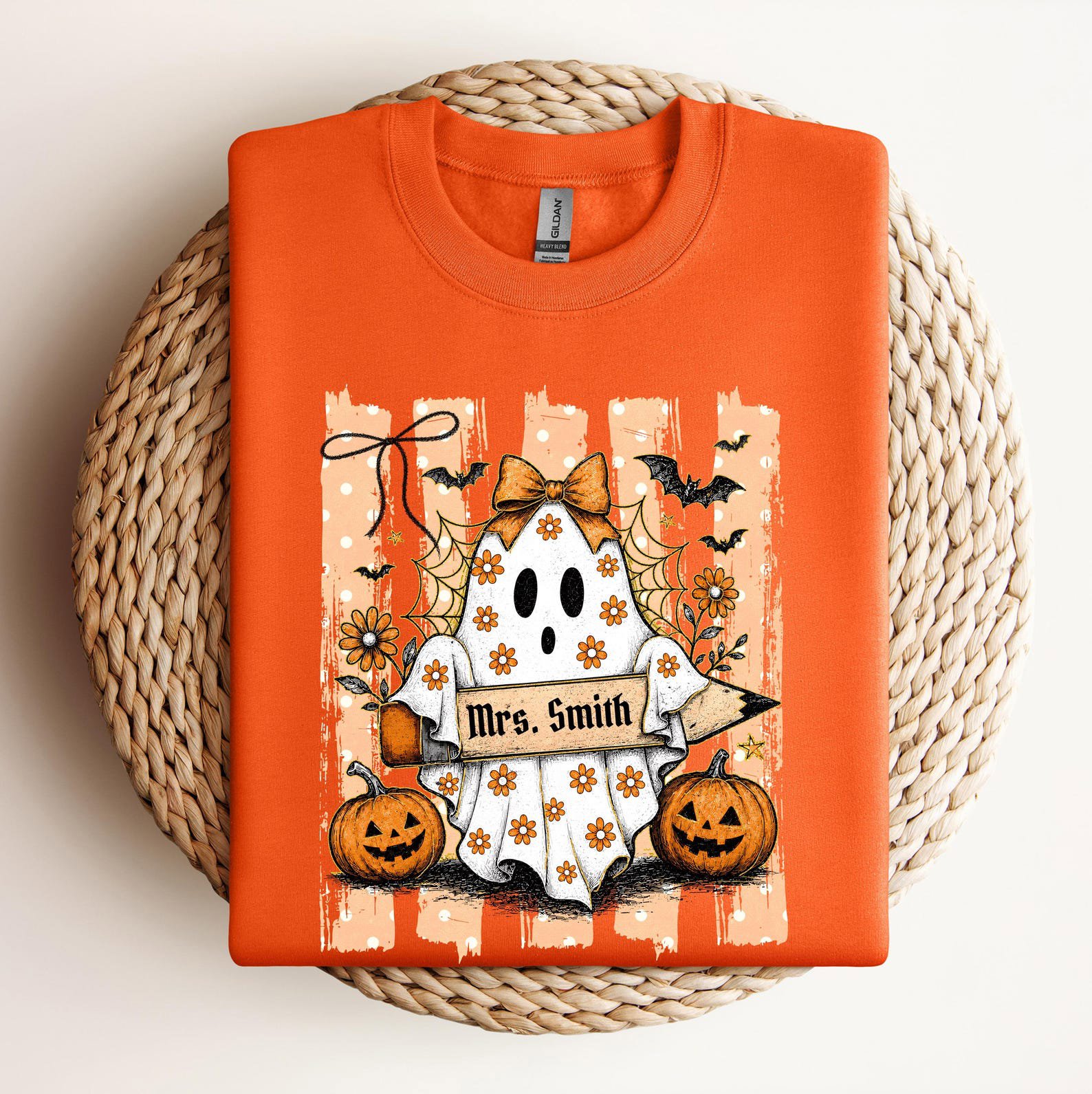 Custom Name Halloween Teacher Shirt, Floral Ghost Pencil Graphic For Matching School Faculty Outfit 5