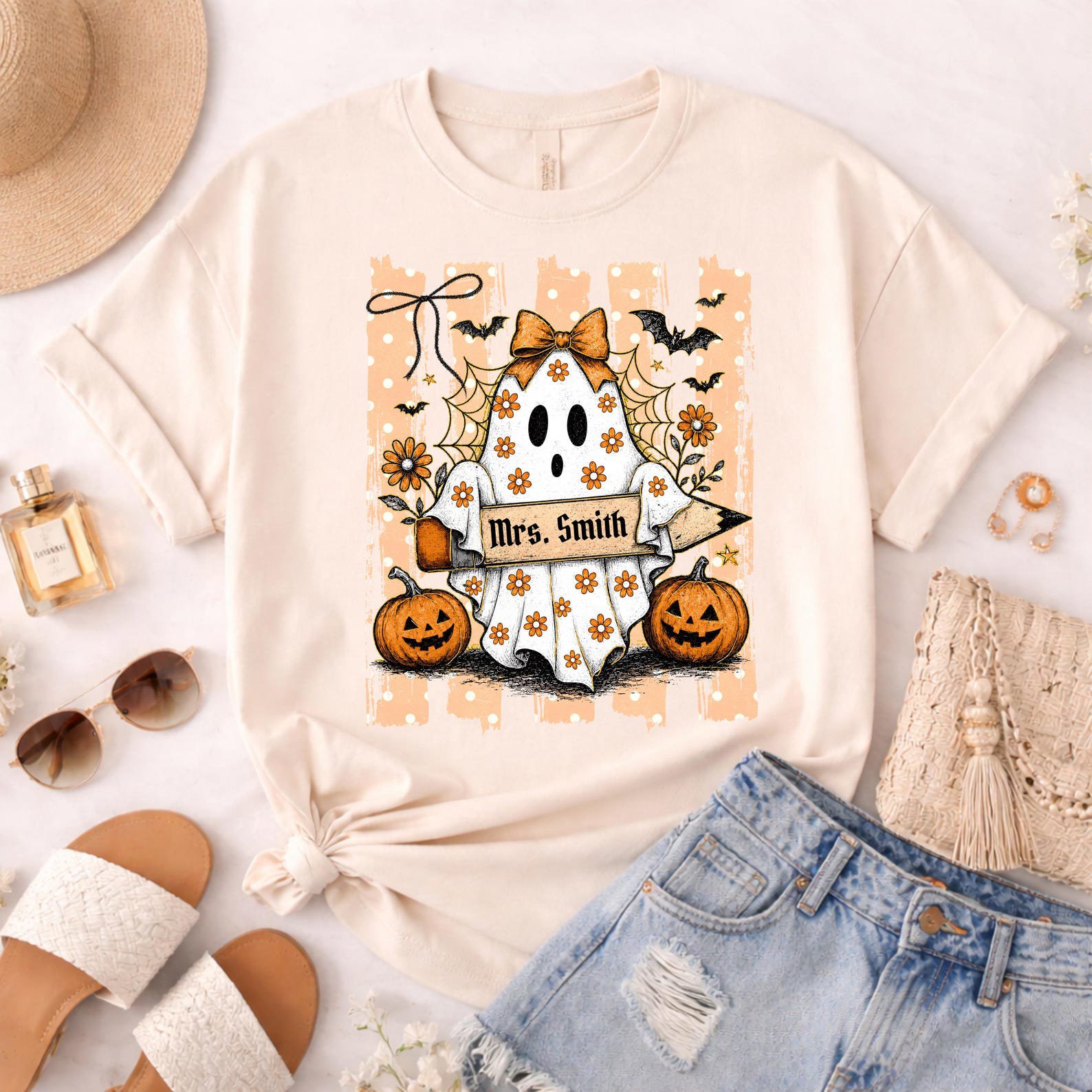 Custom Name Halloween Teacher Shirt, Floral Ghost Pencil Graphic For Matching School Faculty Outfit 6