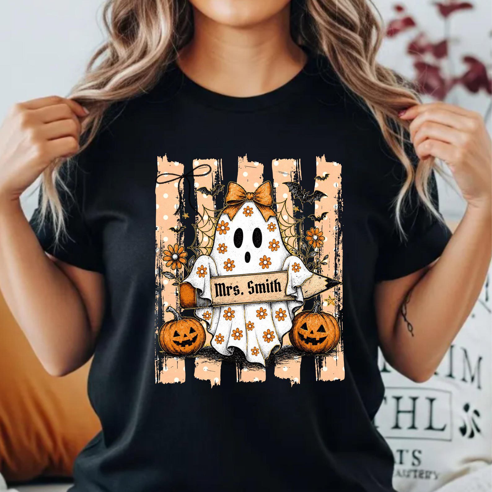 Custom Name Halloween Teacher Shirt, Floral Ghost Pencil Graphic For Matching School Faculty Outfit 7