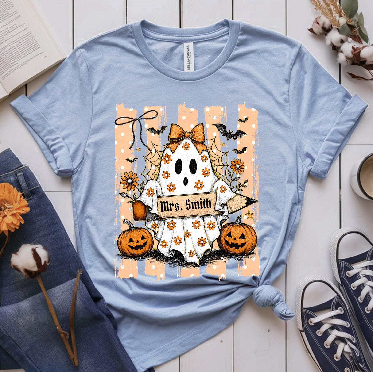 Custom Name Halloween Teacher Shirt, Floral Ghost Pencil Graphic For Matching School Faculty Outfit 8
