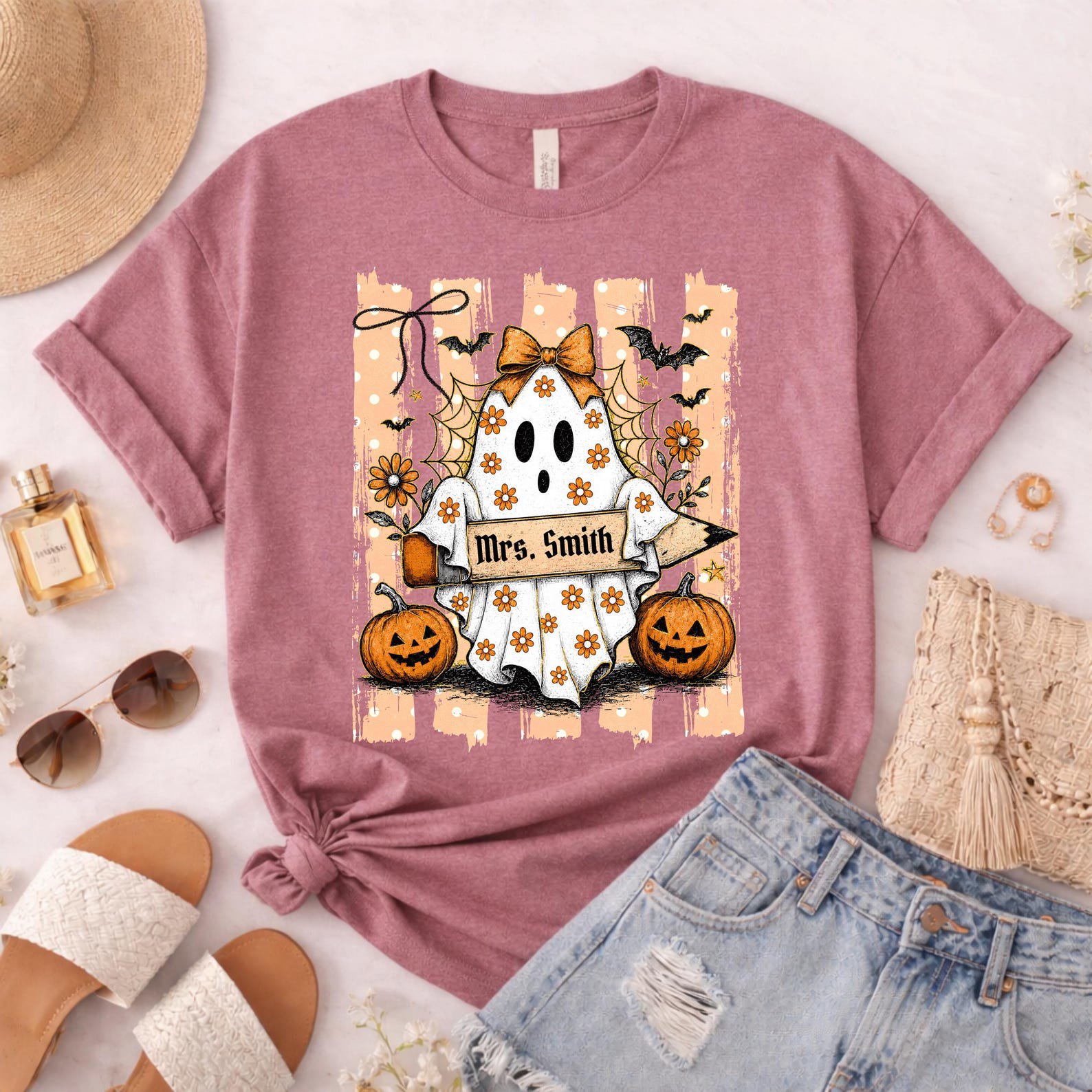Custom Name Halloween Teacher Shirt, Floral Ghost Pencil Graphic For Matching School Faculty Outfit 9