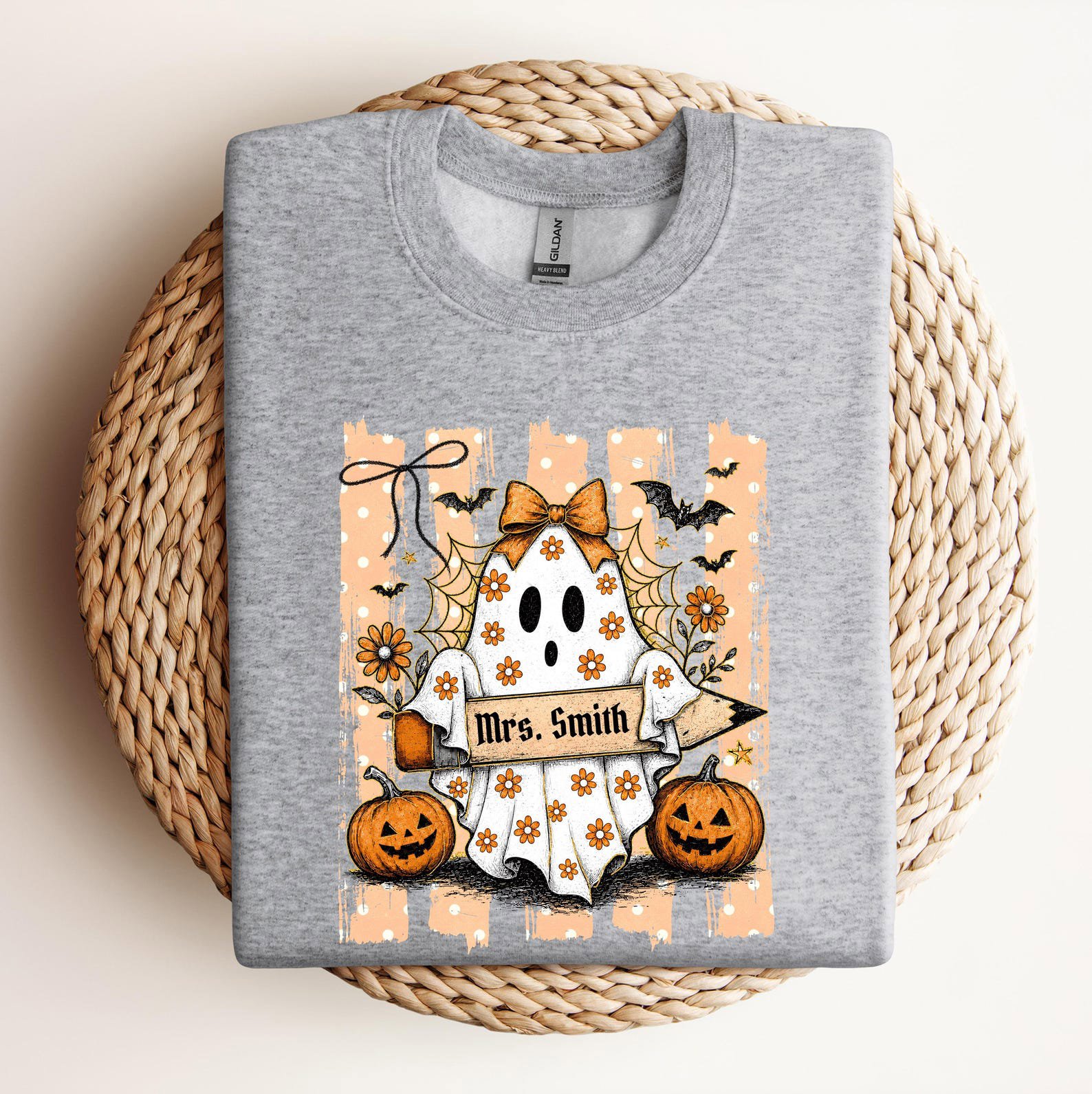 Custom Name Halloween Teacher Shirt, Floral Ghost Pencil Graphic For Matching School Faculty Outfit 10