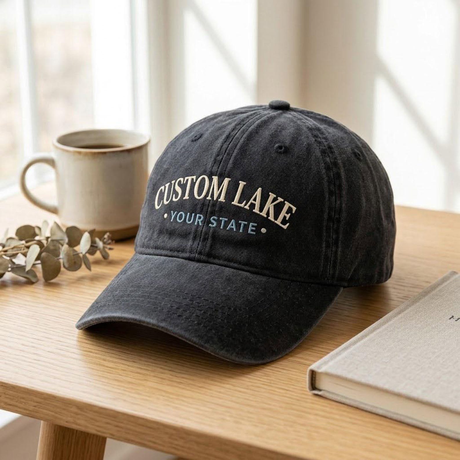 Personalized Lake Embroidered Washed Hat, Custom State Dad Hat, Lake Name Location Cap, Boating Vacation Gift, Cottage Lake Hat 2