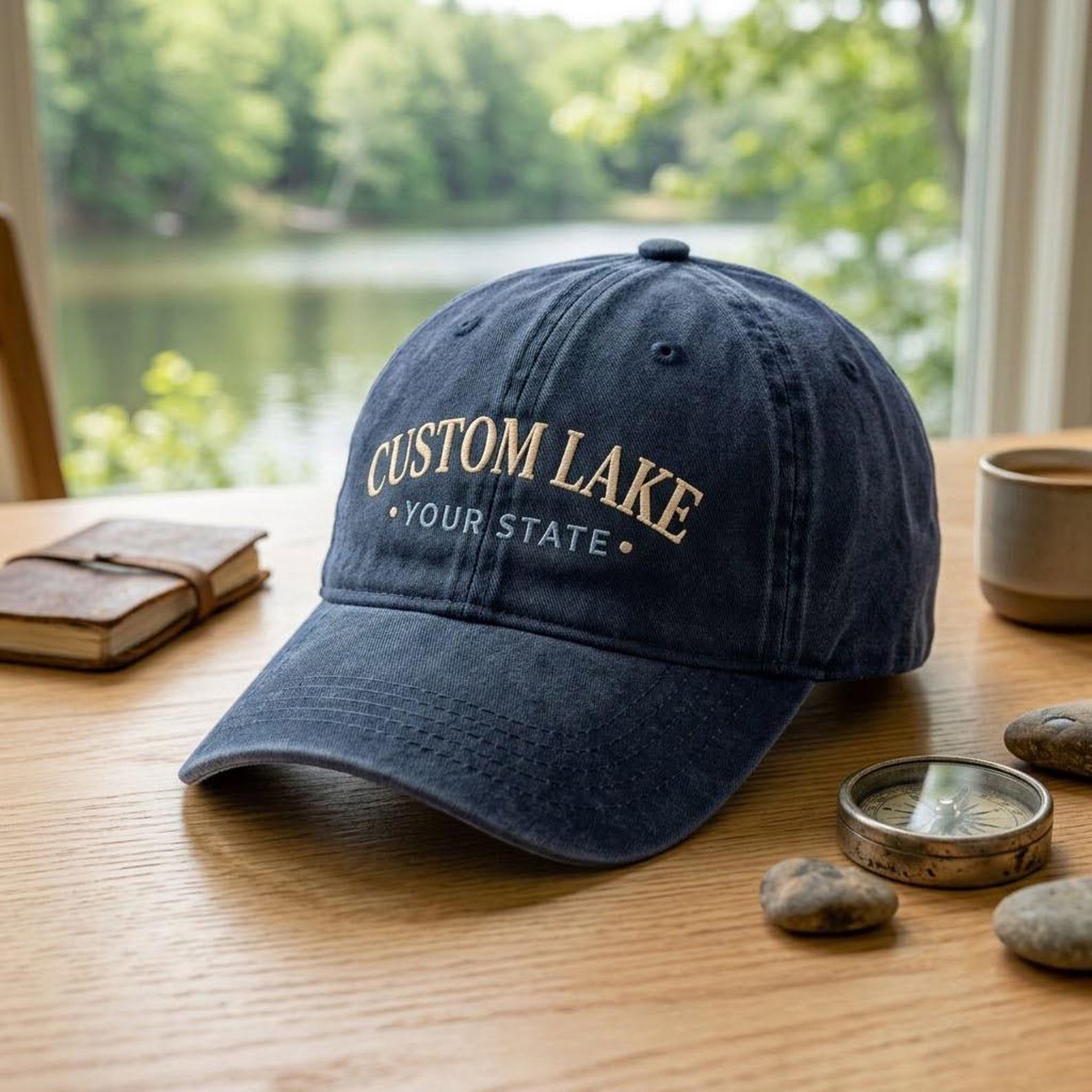 Personalized Lake Embroidered Washed Hat, Custom State Dad Hat, Lake Name Location Cap, Boating Vacation Gift, Cottage Lake Hat 1
