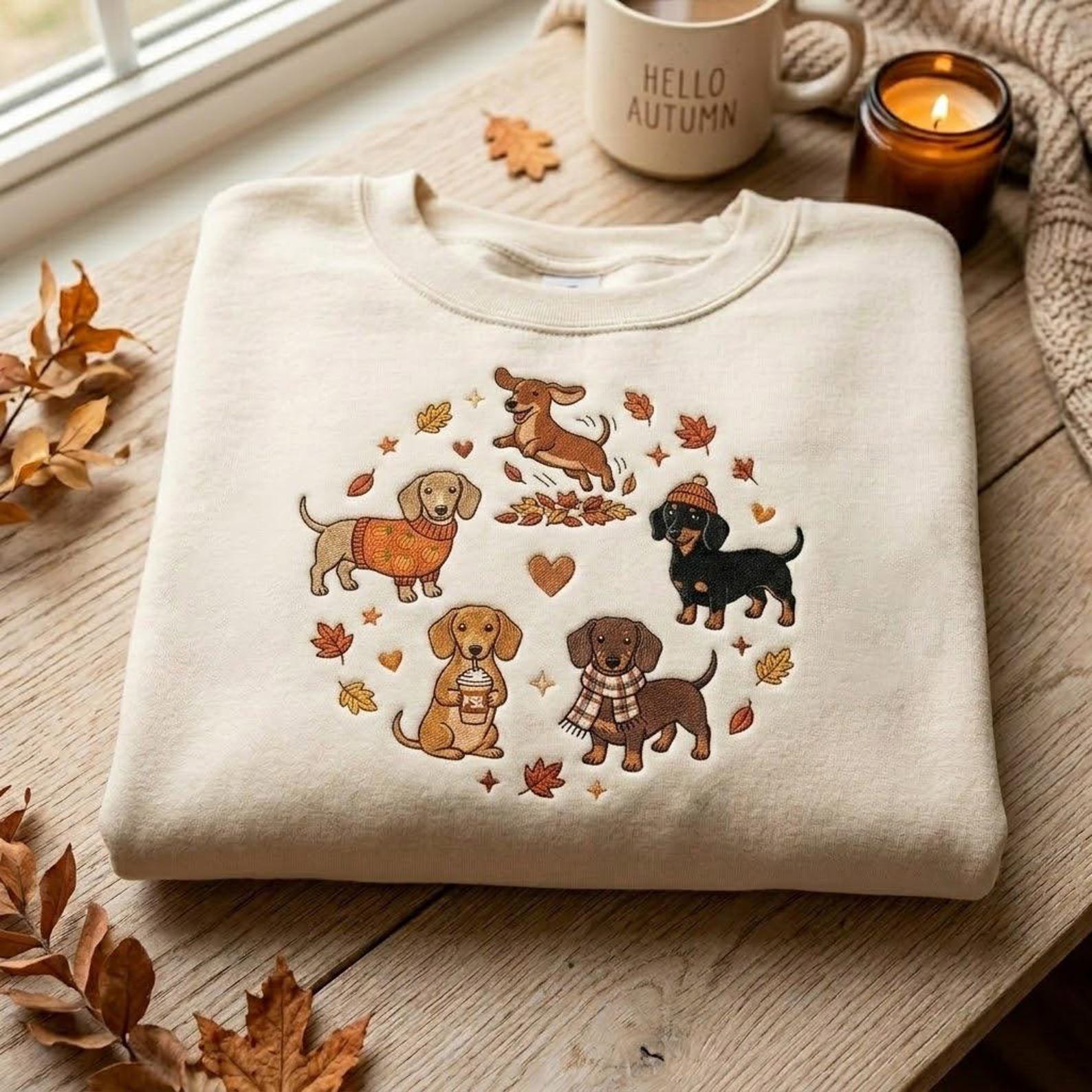 Cute Dachshund Embroidered Sweatshirt, Fall Wiener Dog Crewneck with Autumn Leaves, Cozy Dog Mom Gift for Sausage Dog Lovers 1