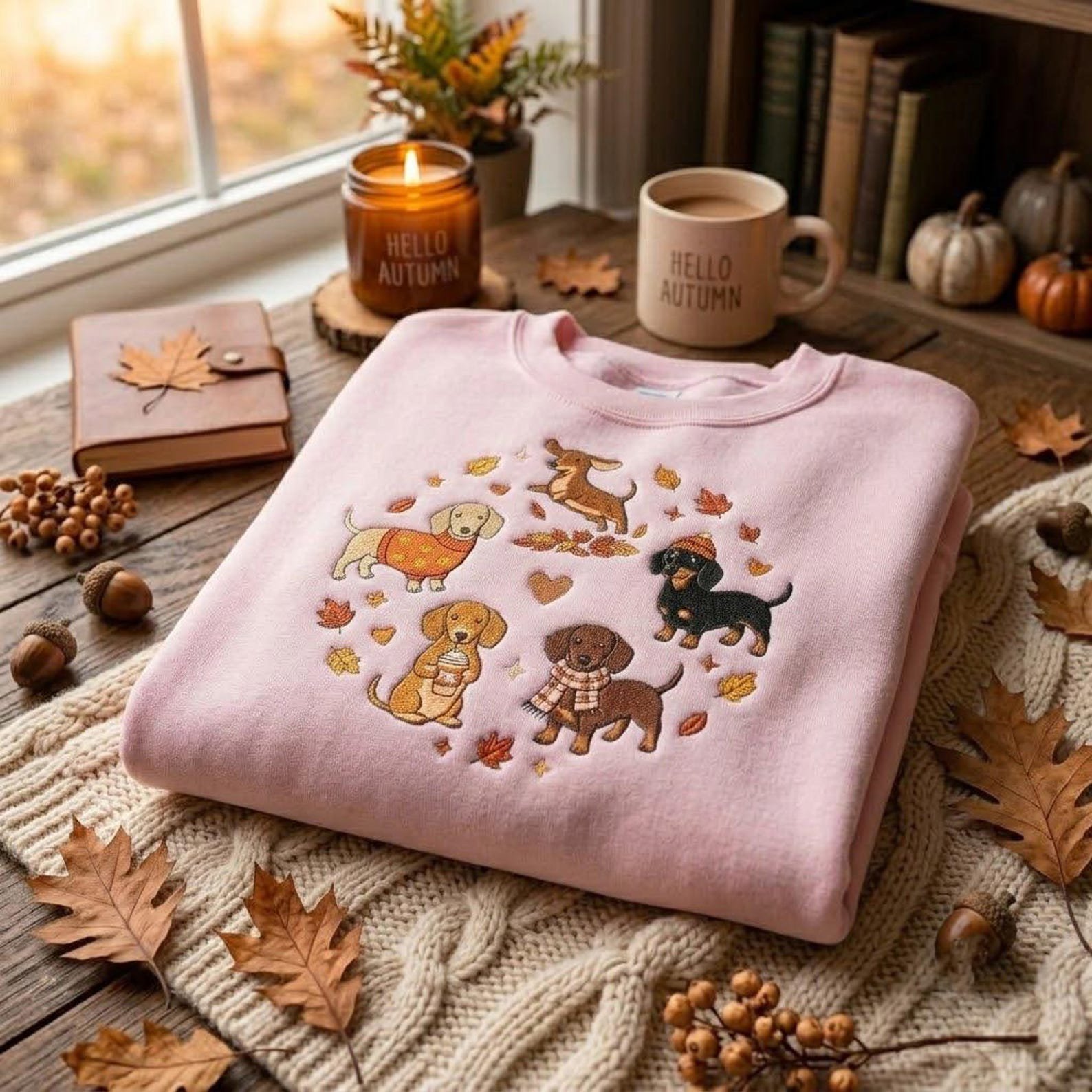 Cute Dachshund Embroidered Sweatshirt, Fall Wiener Dog Crewneck with Autumn Leaves, Cozy Dog Mom Gift for Sausage Dog Lovers 3