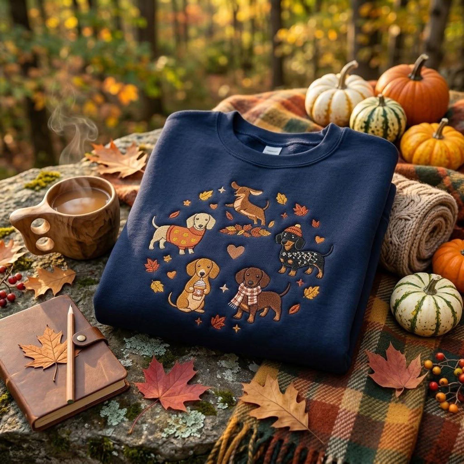 Cute Dachshund Embroidered Sweatshirt, Fall Wiener Dog Crewneck with Autumn Leaves, Cozy Dog Mom Gift for Sausage Dog Lovers 2