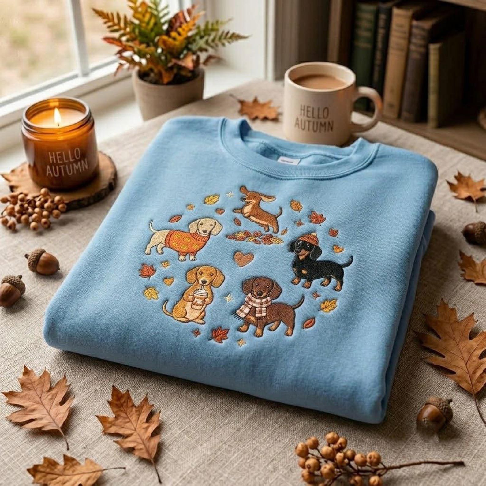 Cute Dachshund Embroidered Sweatshirt, Fall Wiener Dog Crewneck with Autumn Leaves, Cozy Dog Mom Gift for Sausage Dog Lovers 4