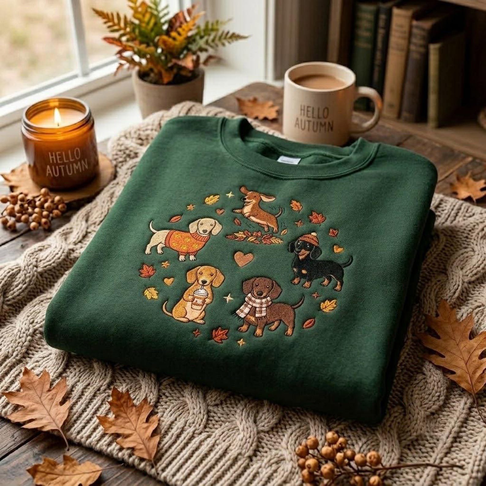 Cute Dachshund Embroidered Sweatshirt, Fall Wiener Dog Crewneck with Autumn Leaves, Cozy Dog Mom Gift for Sausage Dog Lovers 5