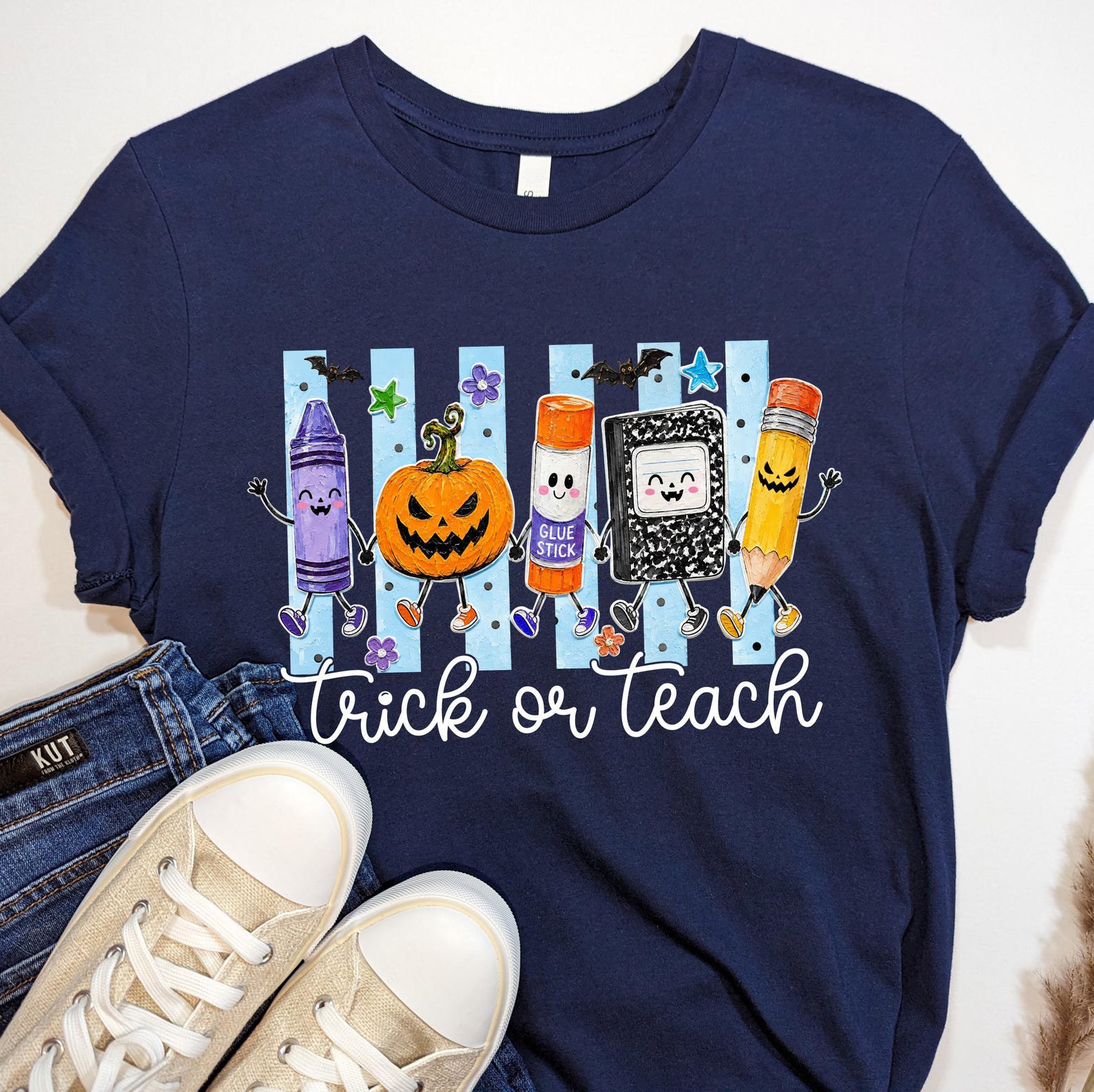 Matching Trick Or Teach Teacher Halloween Shirt , School Supplies Pumpkin Graphic For Faculty Outfit 1
