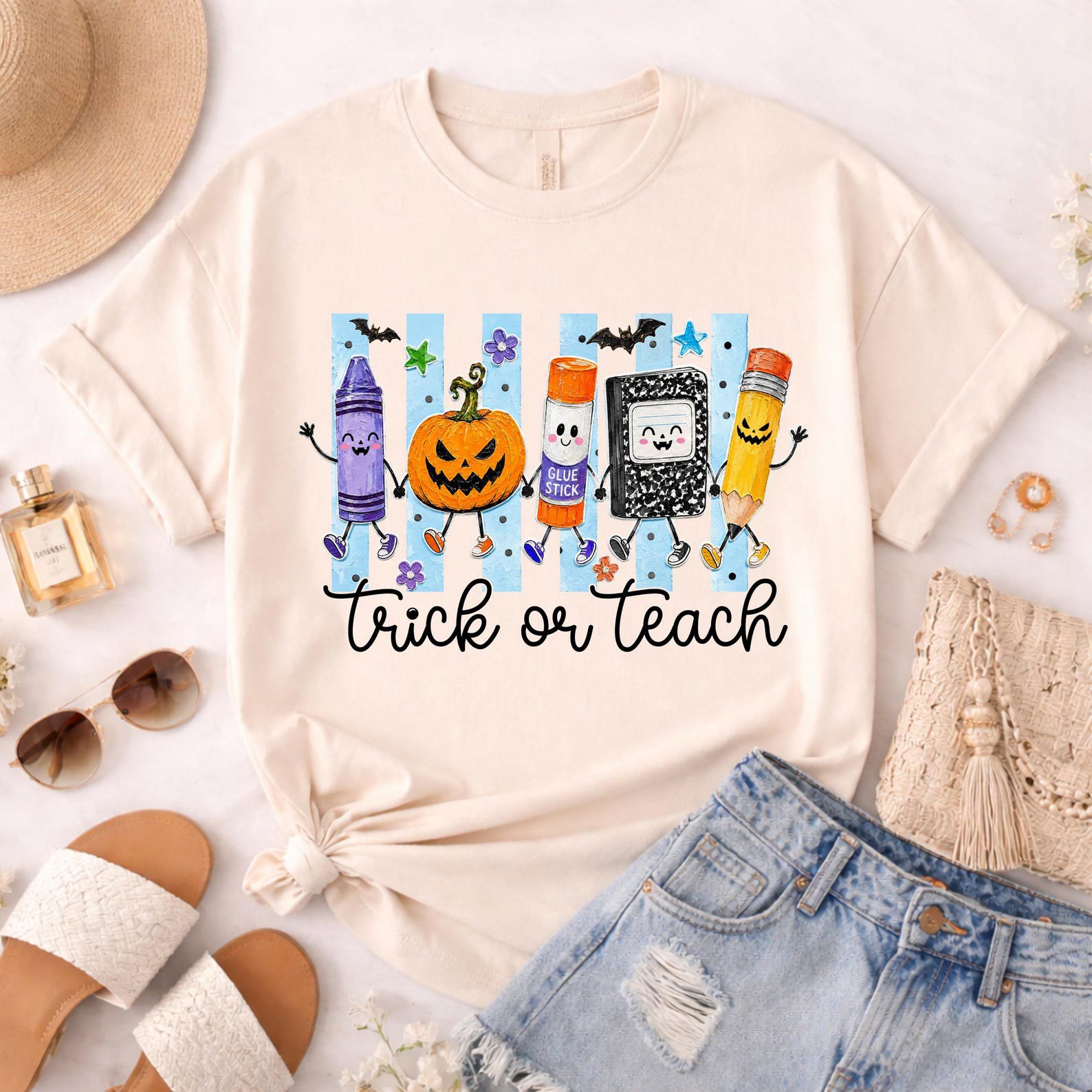 Matching Trick Or Teach Teacher Halloween Shirt , School Supplies Pumpkin Graphic For Faculty Outfit 3