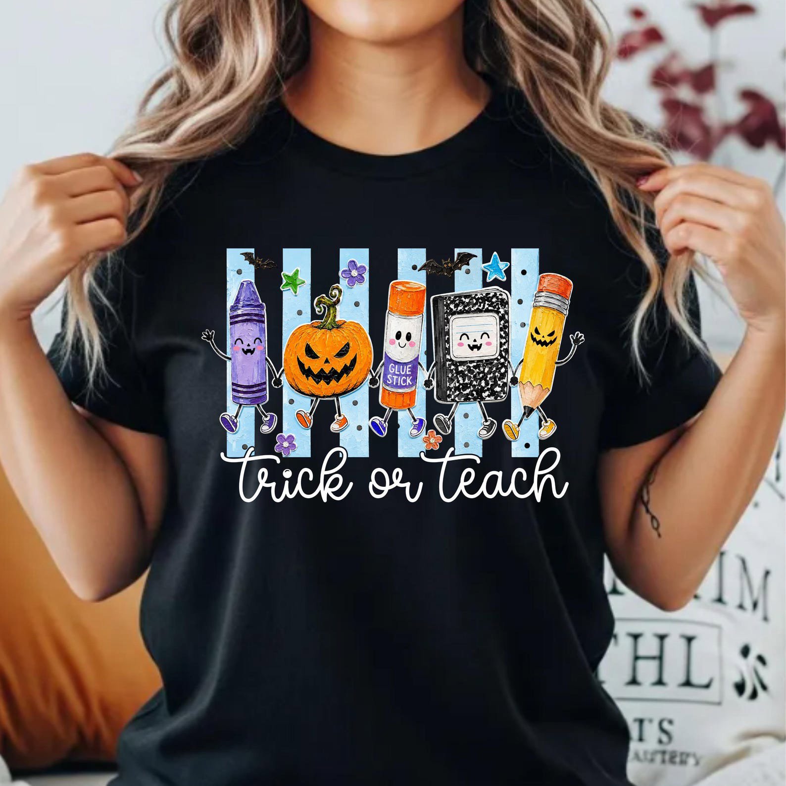 Matching Trick Or Teach Teacher Halloween Shirt , School Supplies Pumpkin Graphic For Faculty Outfit 5