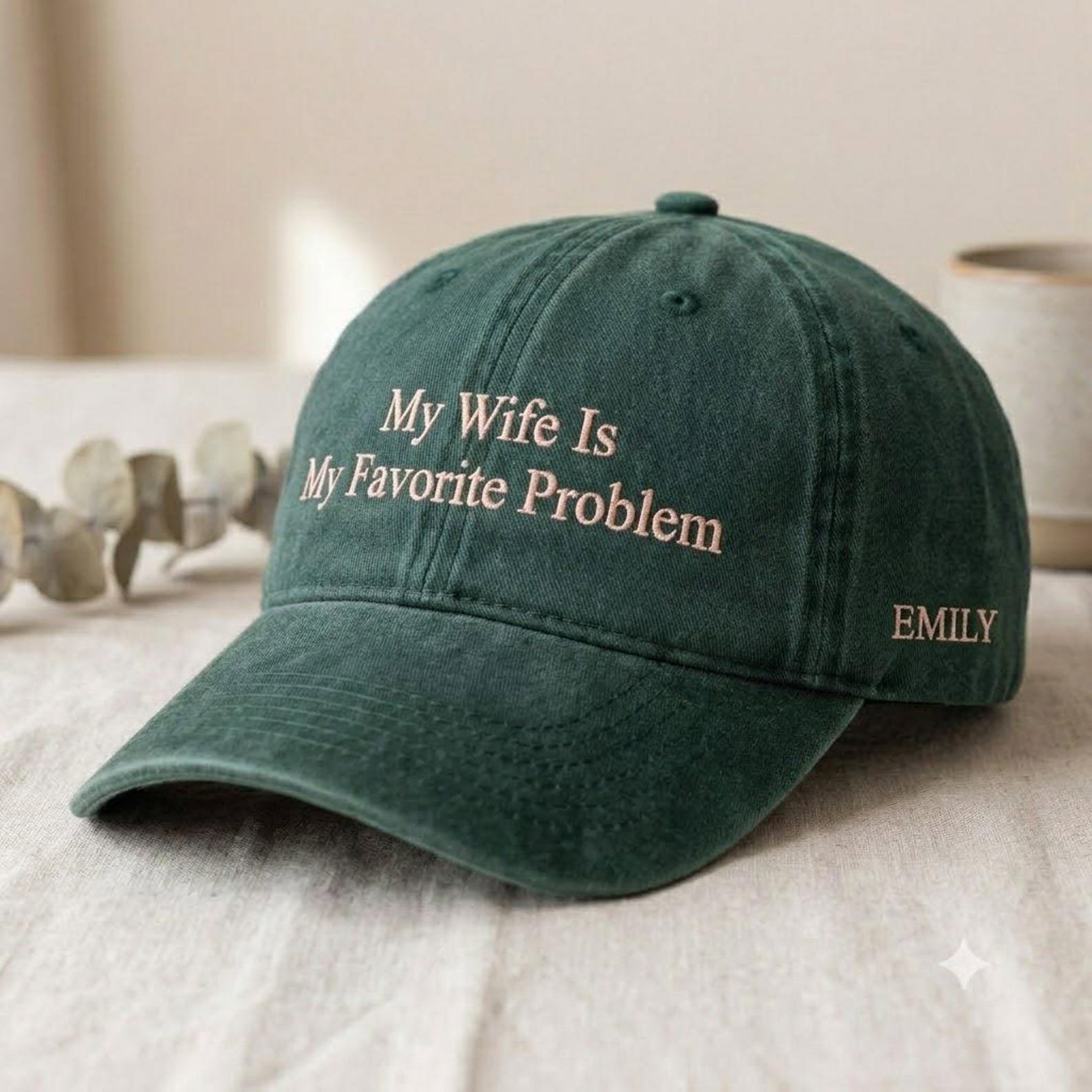 My Wife Is My Favorite Problem Washed Hat, Funny Embroidered Dad Hat, Personalized Name Hat, Husband Anniversary Gift, Couple Gift 1