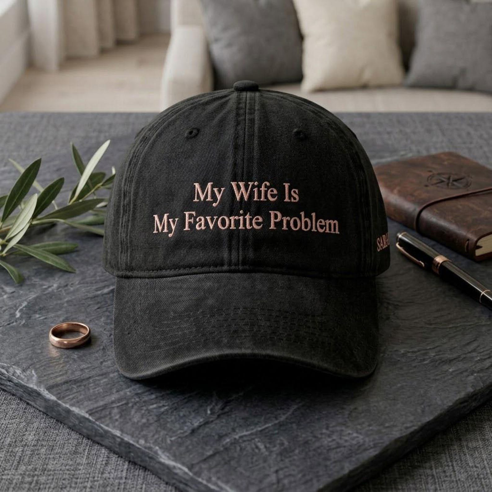 My Wife Is My Favorite Problem Washed Hat, Funny Embroidered Dad Hat, Personalized Name Hat, Husband Anniversary Gift, Couple Gift 3