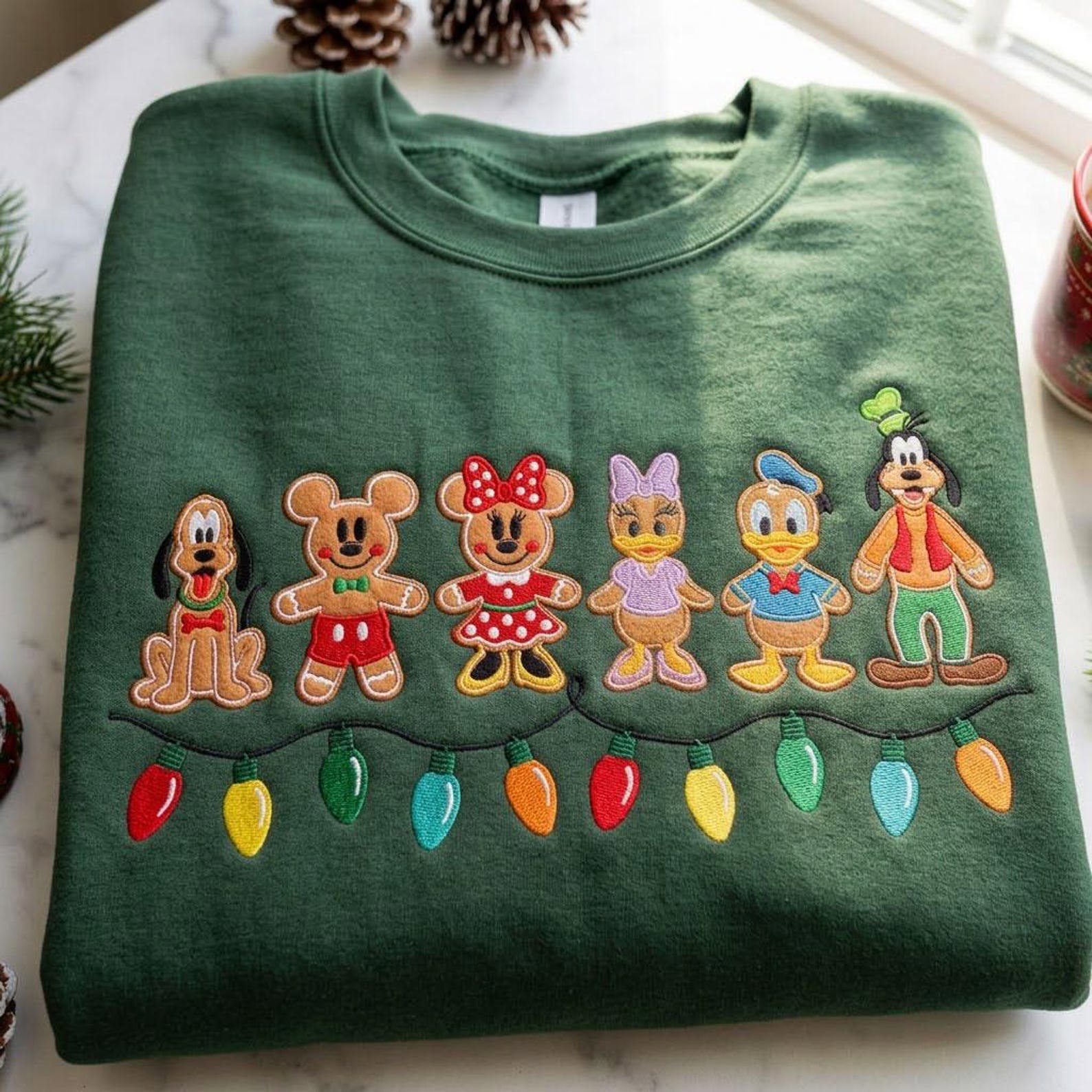 Gingerbread Friends Christmas Embroidered Sweatshirt, Holiday Character Crewneck, Festive Christmas Lights Shirt, Winter Park Gift 3