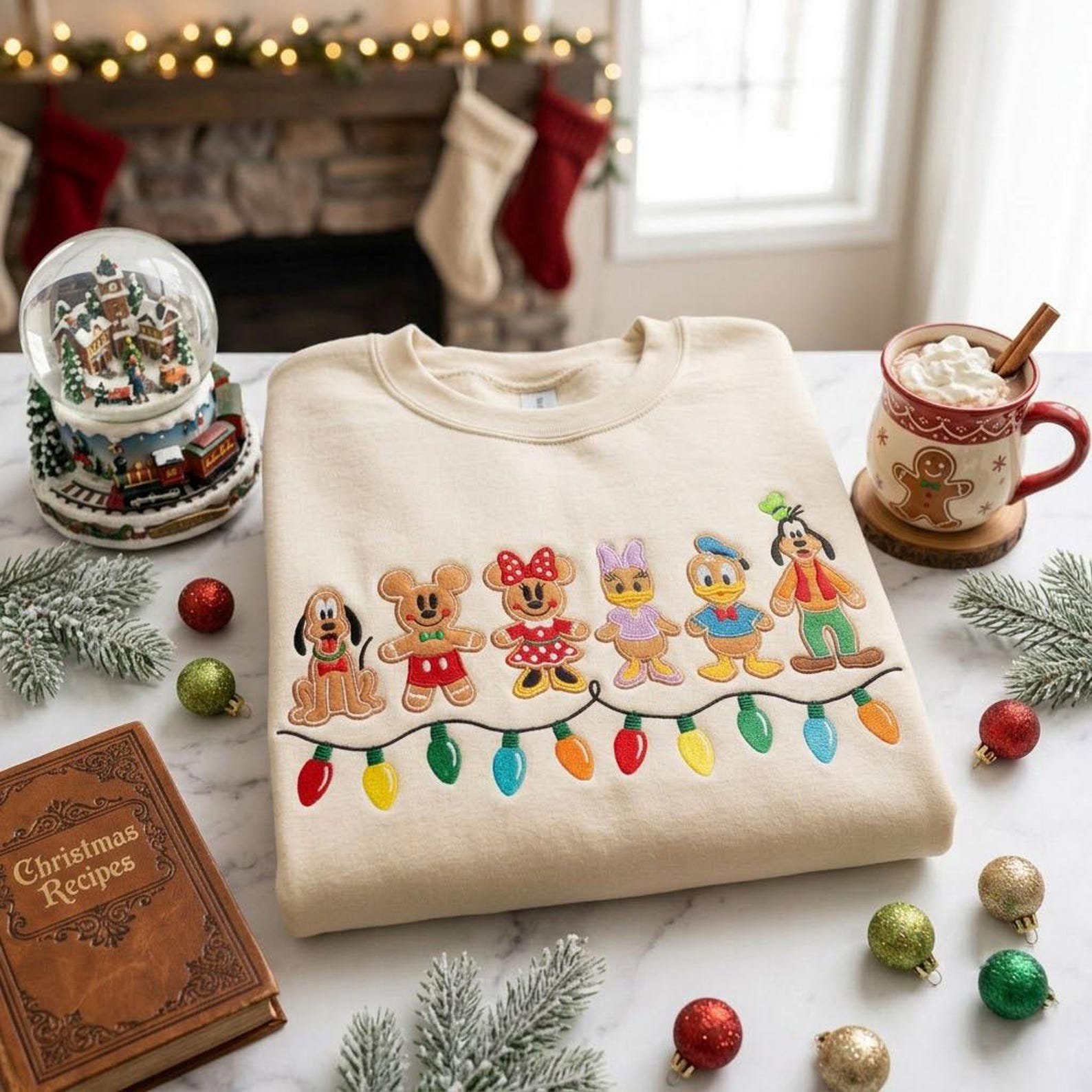 Gingerbread Friends Christmas Embroidered Sweatshirt, Holiday Character Crewneck, Festive Christmas Lights Shirt, Winter Park Gift 4