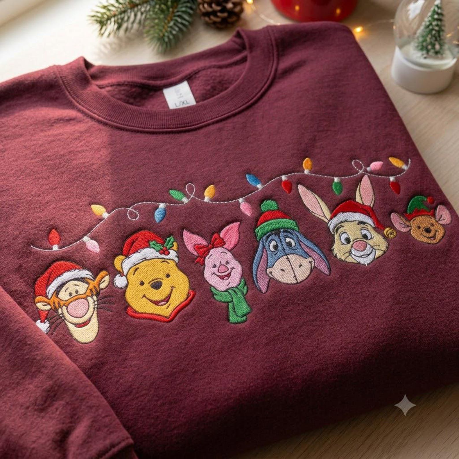 Christmas Bear Friends Embroidered Sweatshirt, Holiday Character Crewneck, Festive Christmas Lights Shirt, Cute Winter Vacation Gift 1