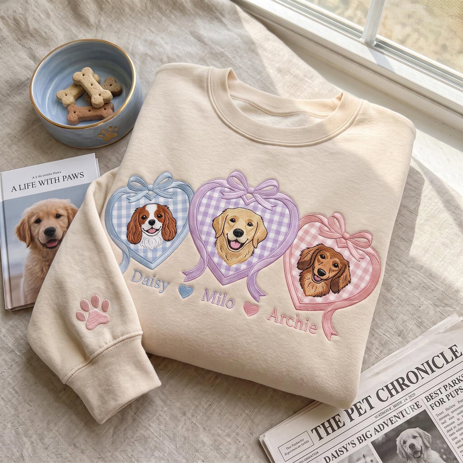 Custom Pet Family Applique Sweatshirt, Heart Dog Portrait Shirt, Custom Multi Pet Family Gift, Dog Photo Custom Shirt, Dog Lover Keepsake 3
