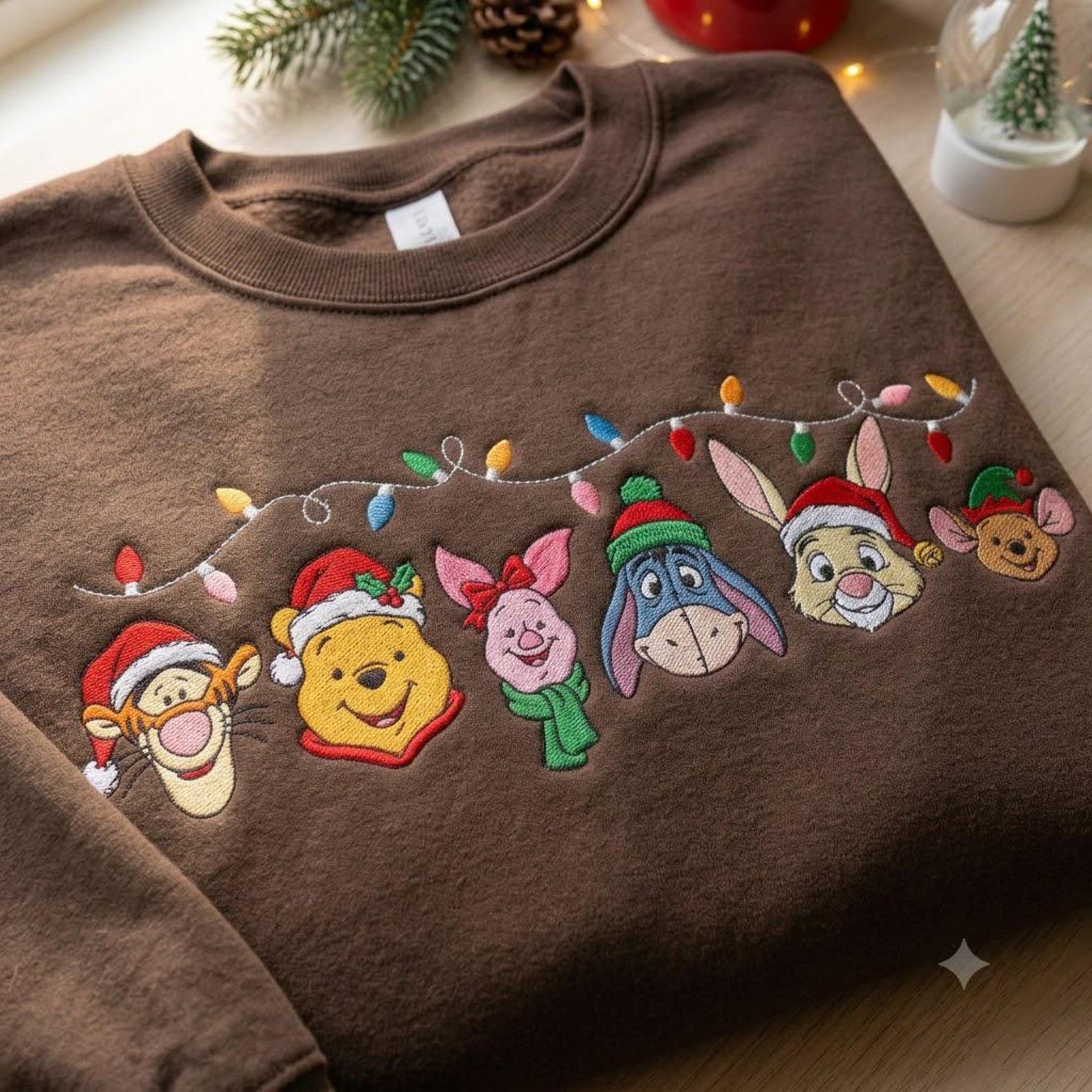Christmas Bear Friends Embroidered Sweatshirt, Holiday Character Crewneck, Festive Christmas Lights Shirt, Cute Winter Vacation Gift 3