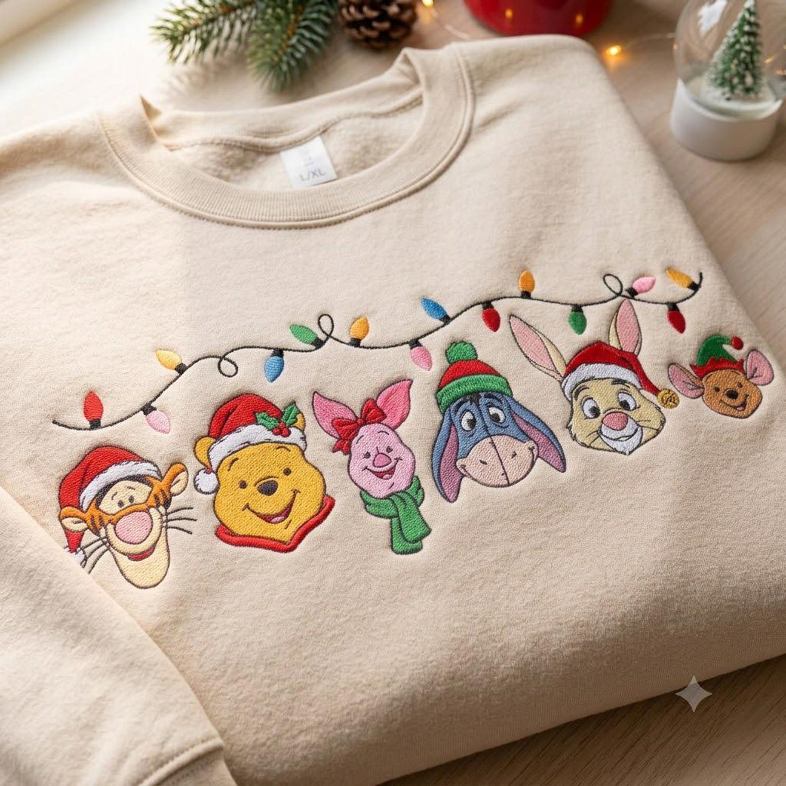 Christmas Bear Friends Embroidered Sweatshirt, Holiday Character Crewneck, Festive Christmas Lights Shirt, Cute Winter Vacation Gift 4