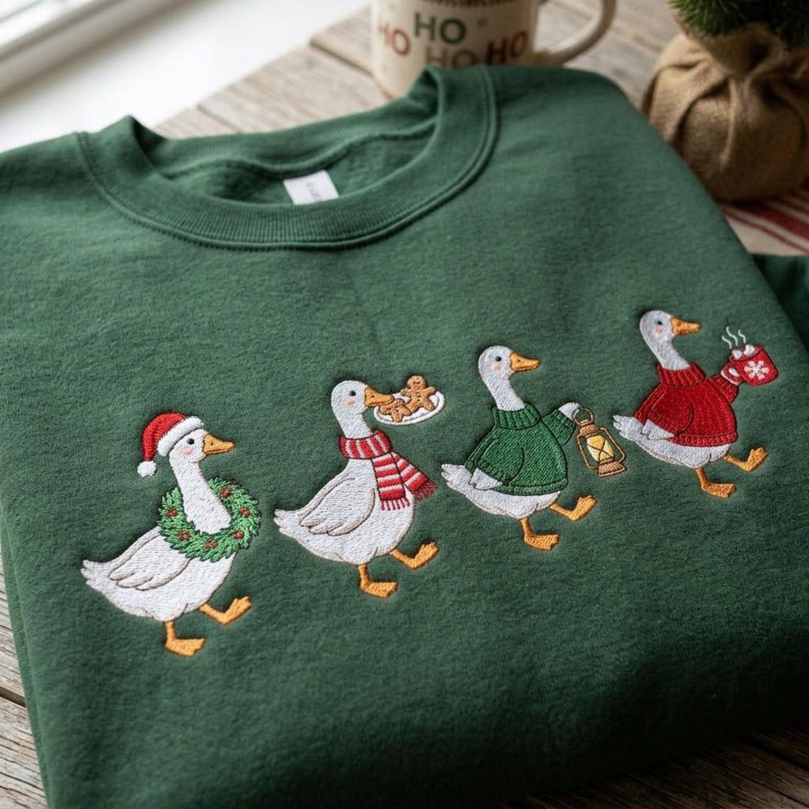 Festive Goose Embroidered Sweatshirt, Cute Christmas Duck Crewneck, Cozy Holiday Geese in Sweaters Christmas Animal Gift 2