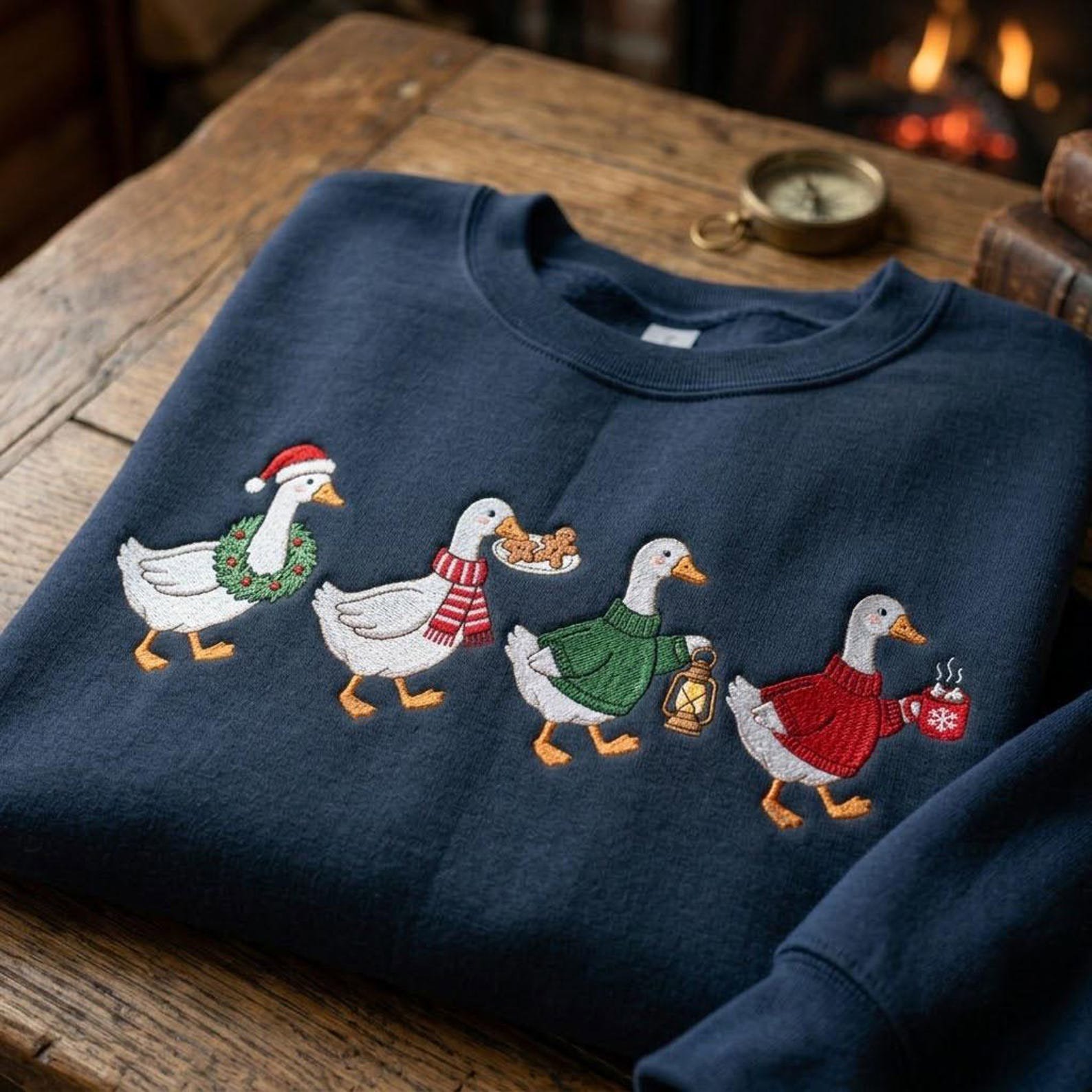 Festive Goose Embroidered Sweatshirt, Cute Christmas Duck Crewneck, Cozy Holiday Geese in Sweaters Christmas Animal Gift 1