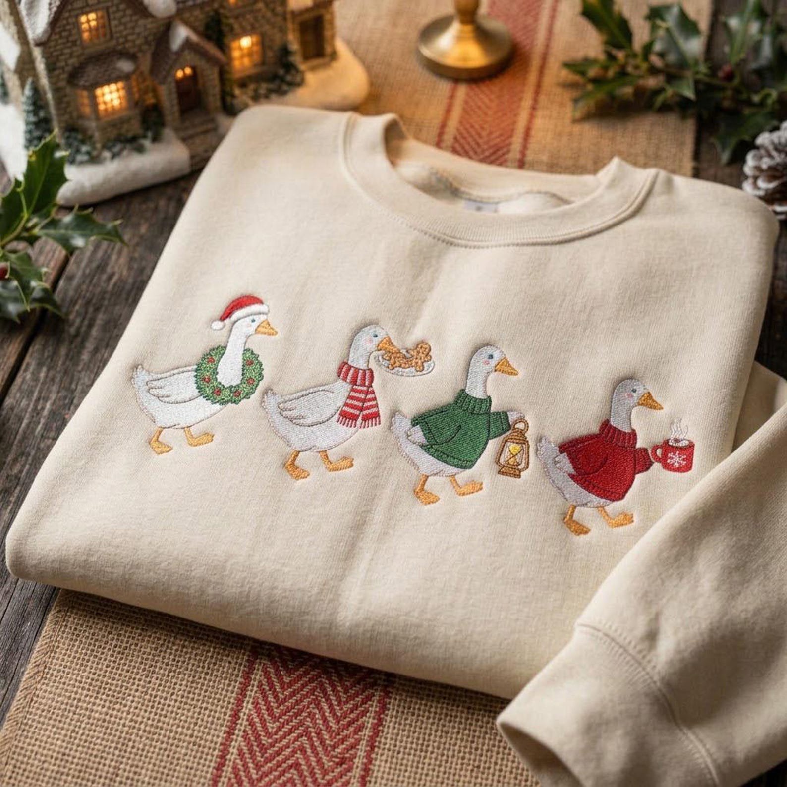 Festive Goose Embroidered Sweatshirt, Cute Christmas Duck Crewneck, Cozy Holiday Geese in Sweaters Christmas Animal Gift 3