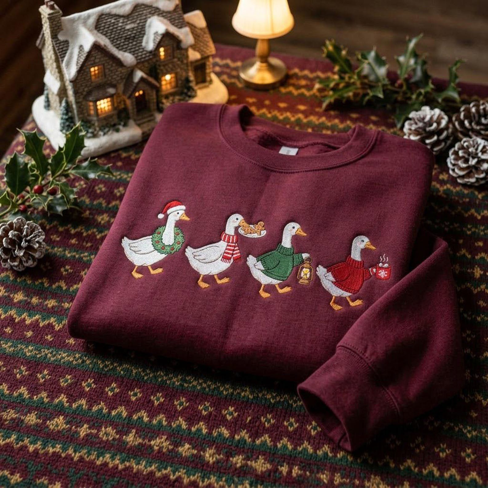 Festive Goose Embroidered Sweatshirt, Cute Christmas Duck Crewneck, Cozy Holiday Geese in Sweaters Christmas Animal Gift 4