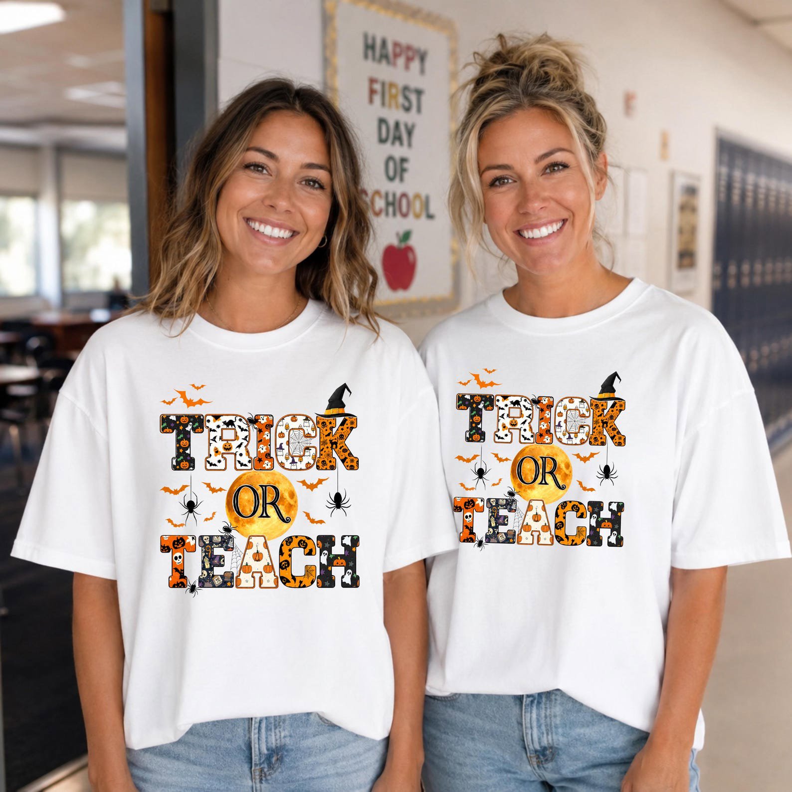 Trick Or Teach Halloween Shirt ,Spooky Pumpkin Moon Graphic For School Faculty Teacher Outfit 2