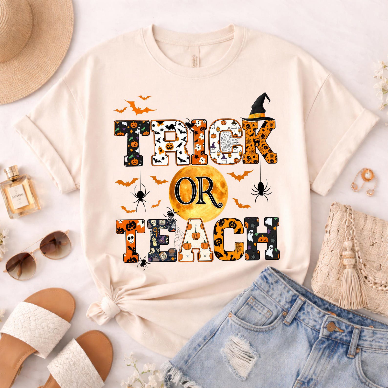 Trick Or Teach Halloween Shirt ,Spooky Pumpkin Moon Graphic For School Faculty Teacher Outfit 1
