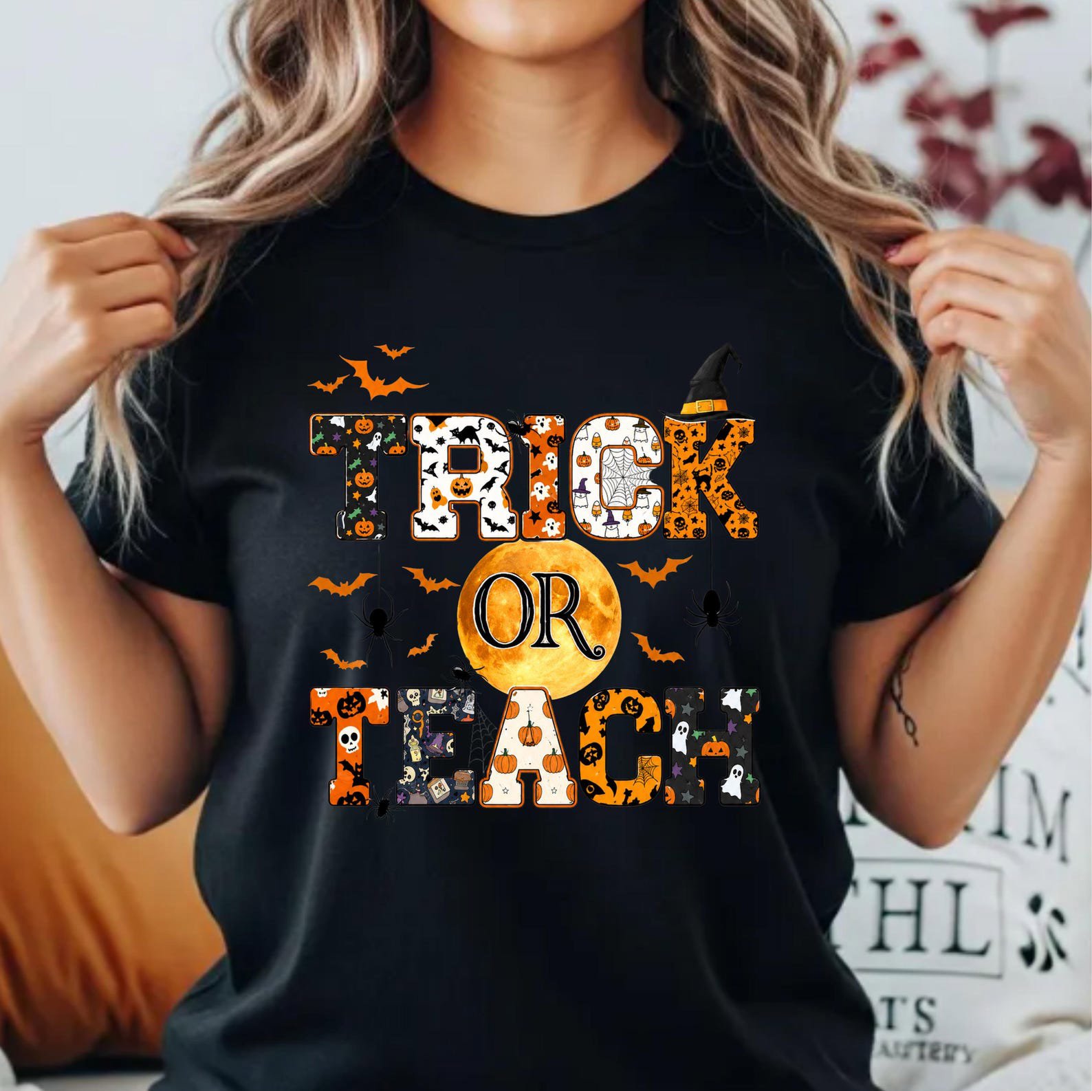 Trick Or Teach Halloween Shirt ,Spooky Pumpkin Moon Graphic For School Faculty Teacher Outfit 7
