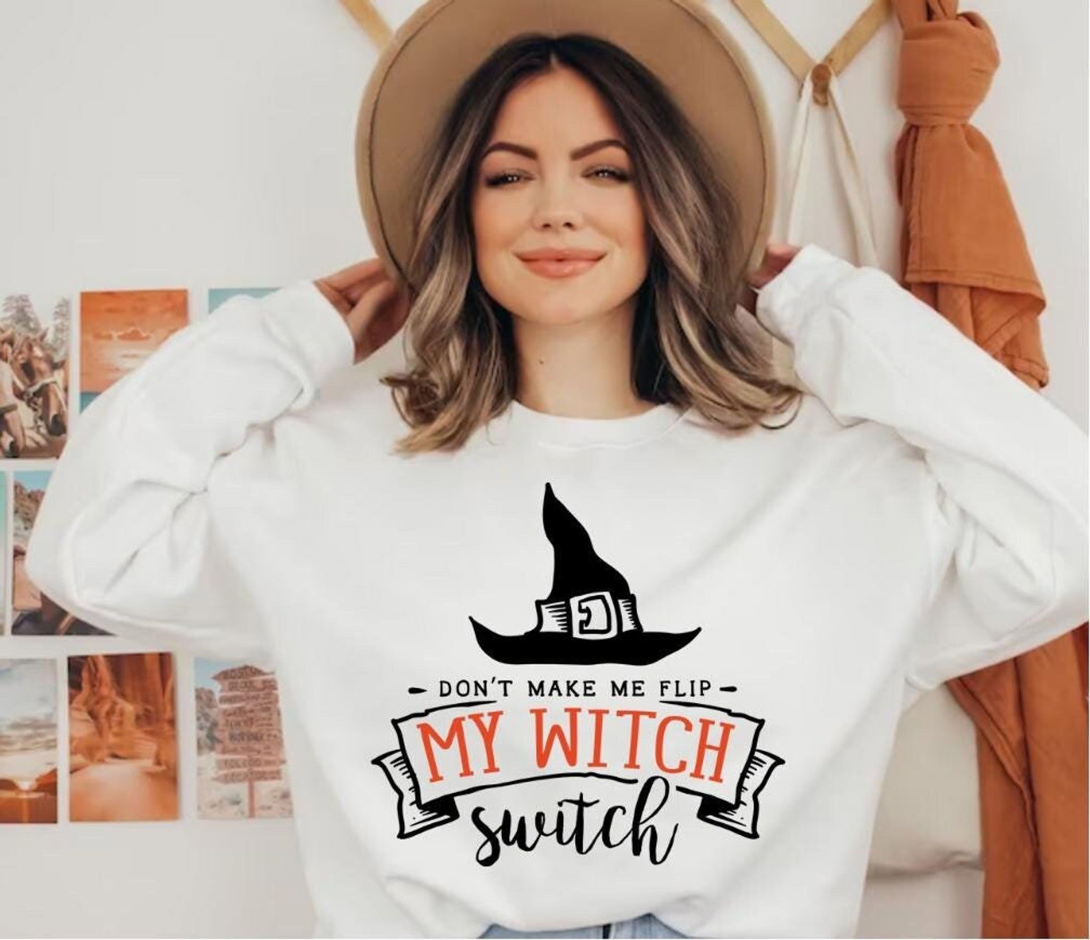 Funny Flip My Witch Switch Halloween Sweatshirt with Wizard Hat For Sarcastic Humorous Outfit 2