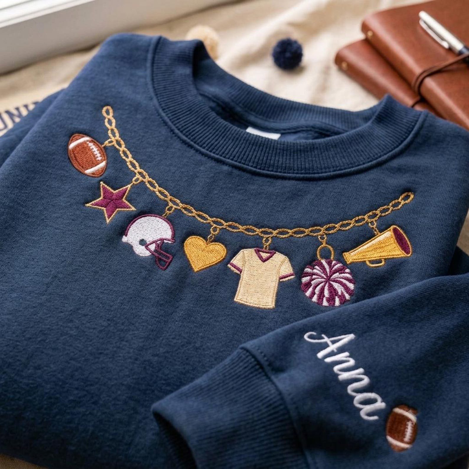 Custom Football Necklace Embroidered Sweatshirt, Personalized Player Name Crewneck, Game Day Football Mom Shirt, Sports Fan Gift 3