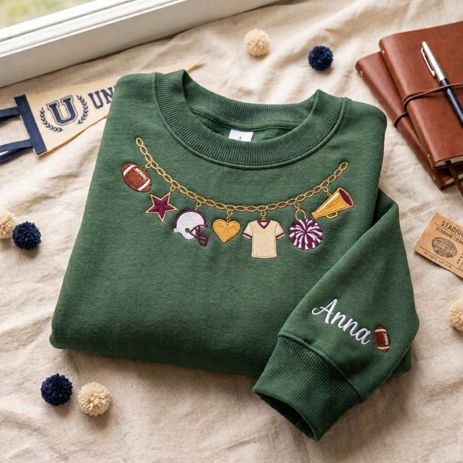 Custom Football Necklace Embroidered Sweatshirt, Personalized Player Name Crewneck, Game Day Football Mom Shirt, Sports Fan Gift 2