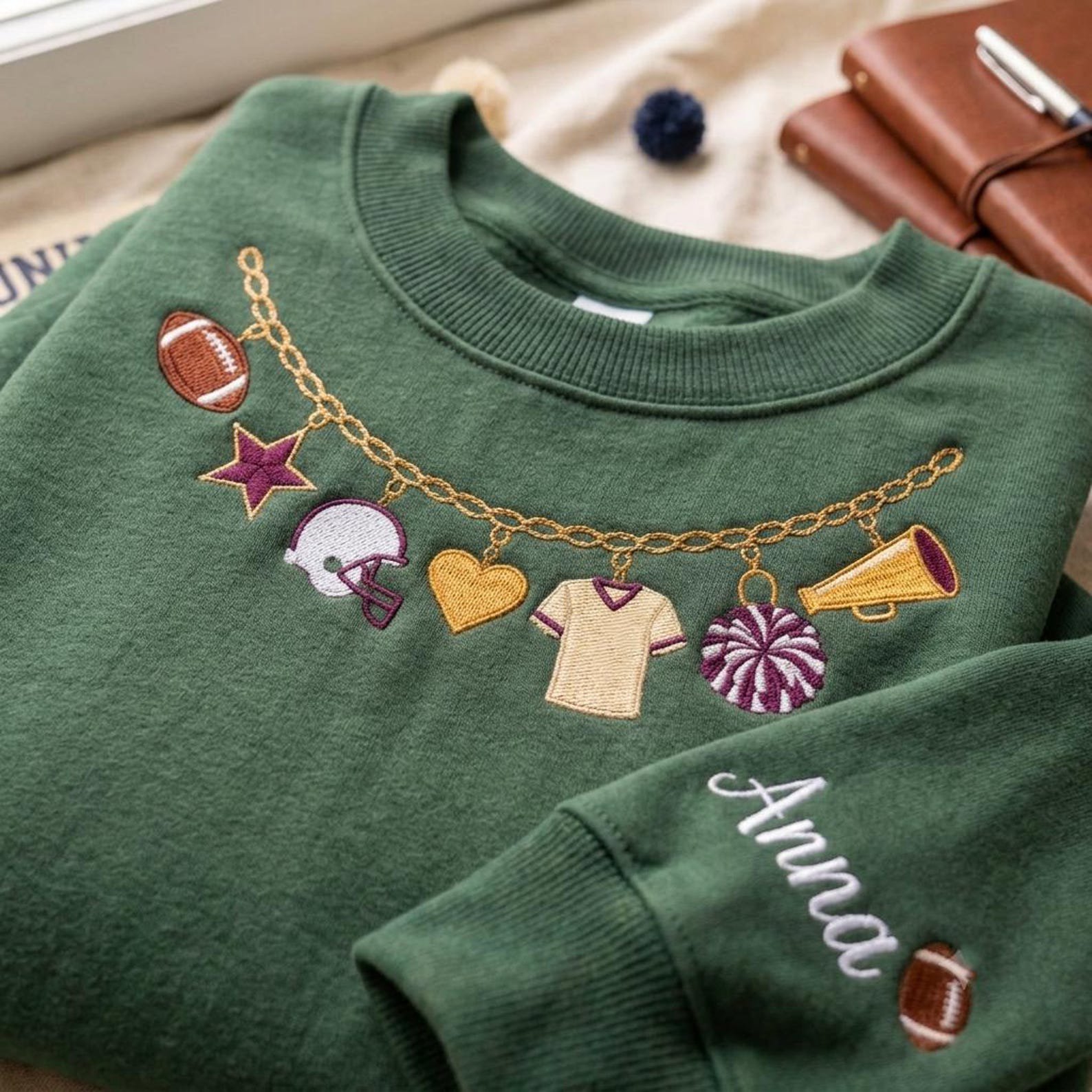 Custom Football Necklace Embroidered Sweatshirt, Personalized Player Name Crewneck, Game Day Football Mom Shirt, Sports Fan Gift 1