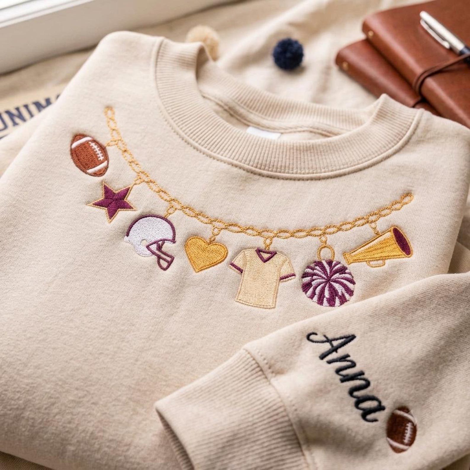Custom Football Necklace Embroidered Sweatshirt, Personalized Player Name Crewneck, Game Day Football Mom Shirt, Sports Fan Gift 4