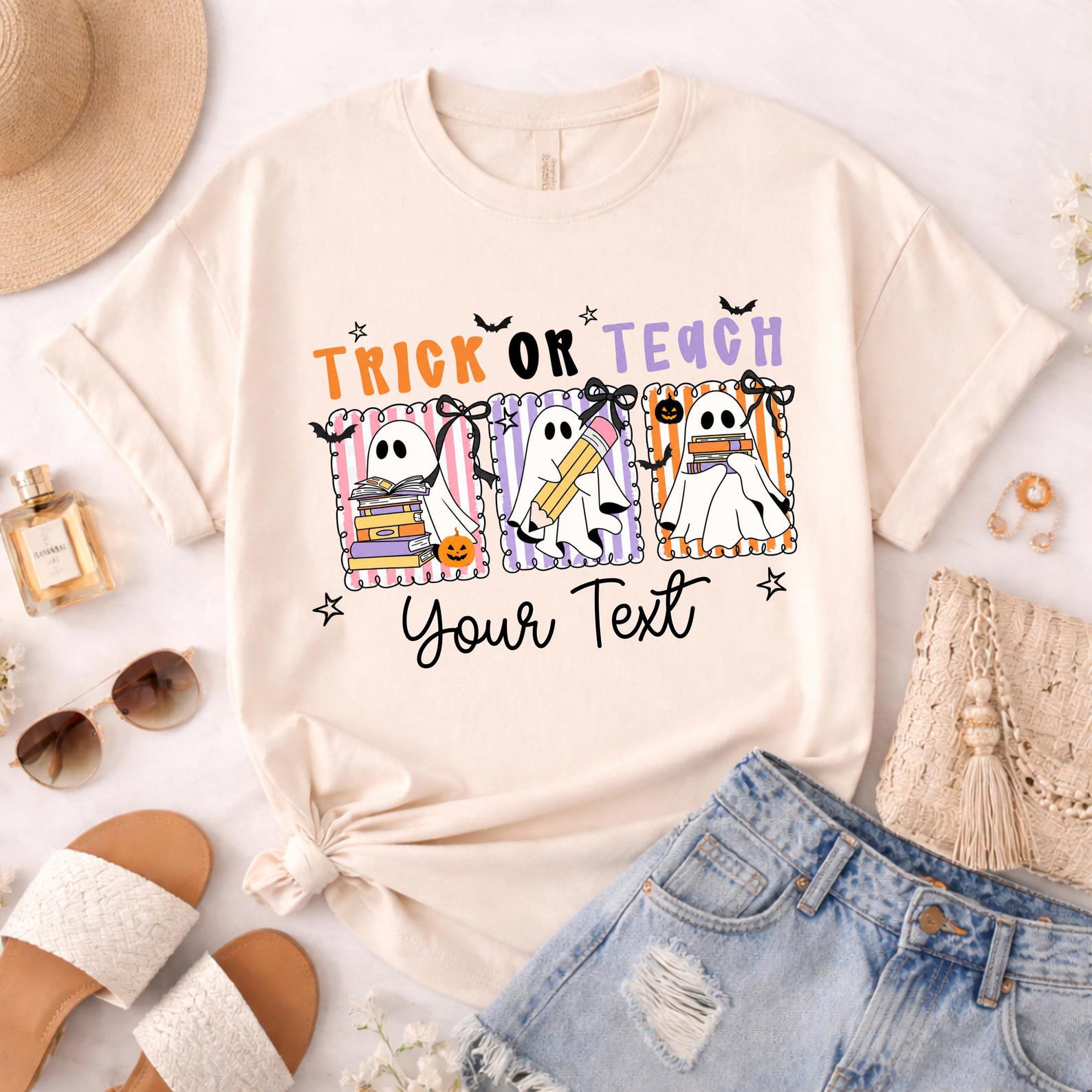 Custom Name Halloween Trick or Teach Teacher Shirt, Ghost Pencil Book Squad Graphic Sweatshirt For Matching School Outfit 1