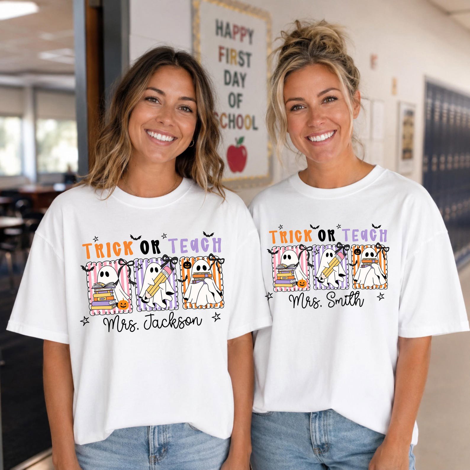 Custom Name Halloween Trick or Teach Teacher Shirt, Ghost Pencil Book Squad Graphic Sweatshirt For Matching School Outfit 2