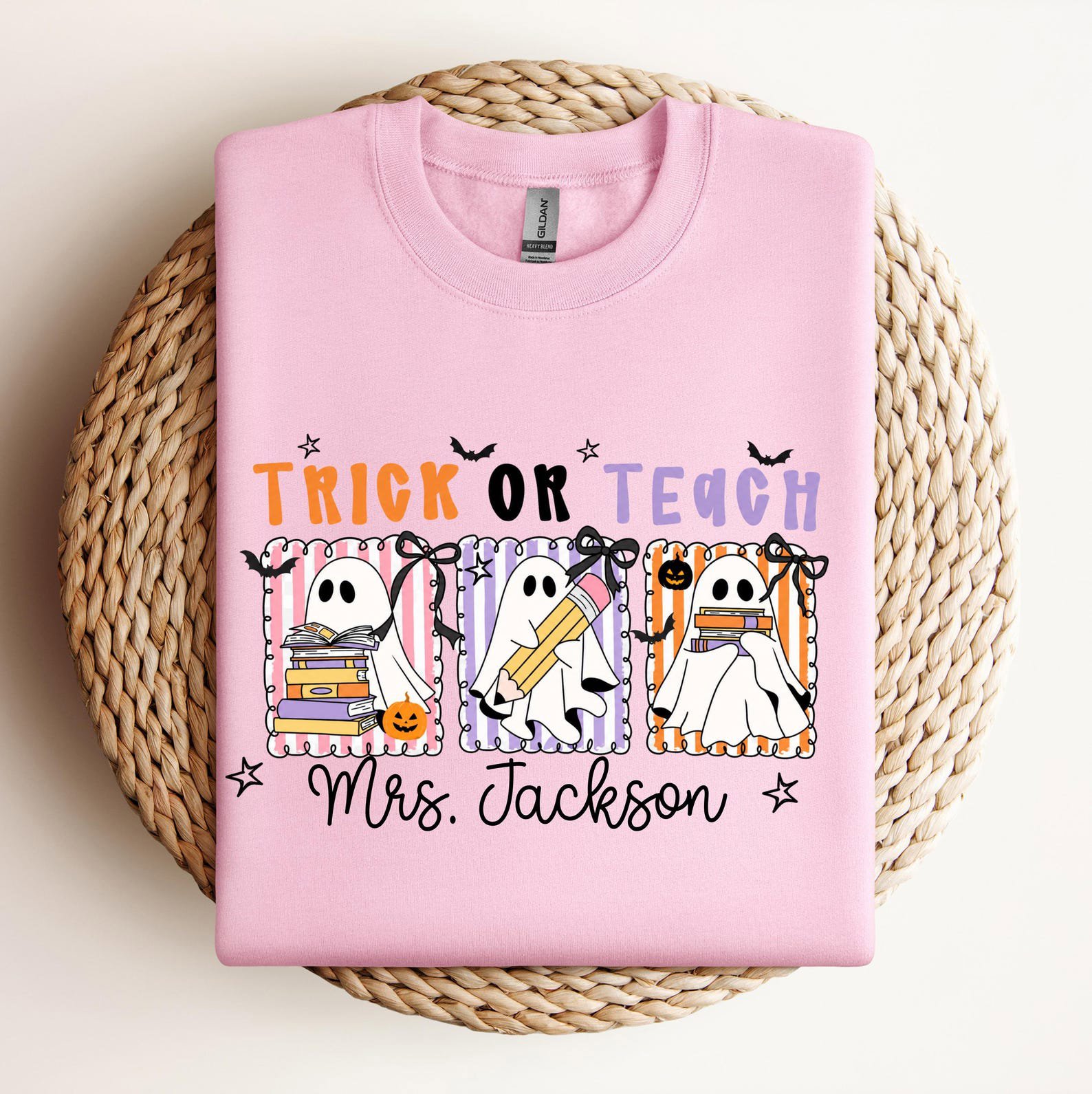 Custom Name Halloween Trick or Teach Teacher Shirt, Ghost Pencil Book Squad Graphic Sweatshirt For Matching School Outfit 5