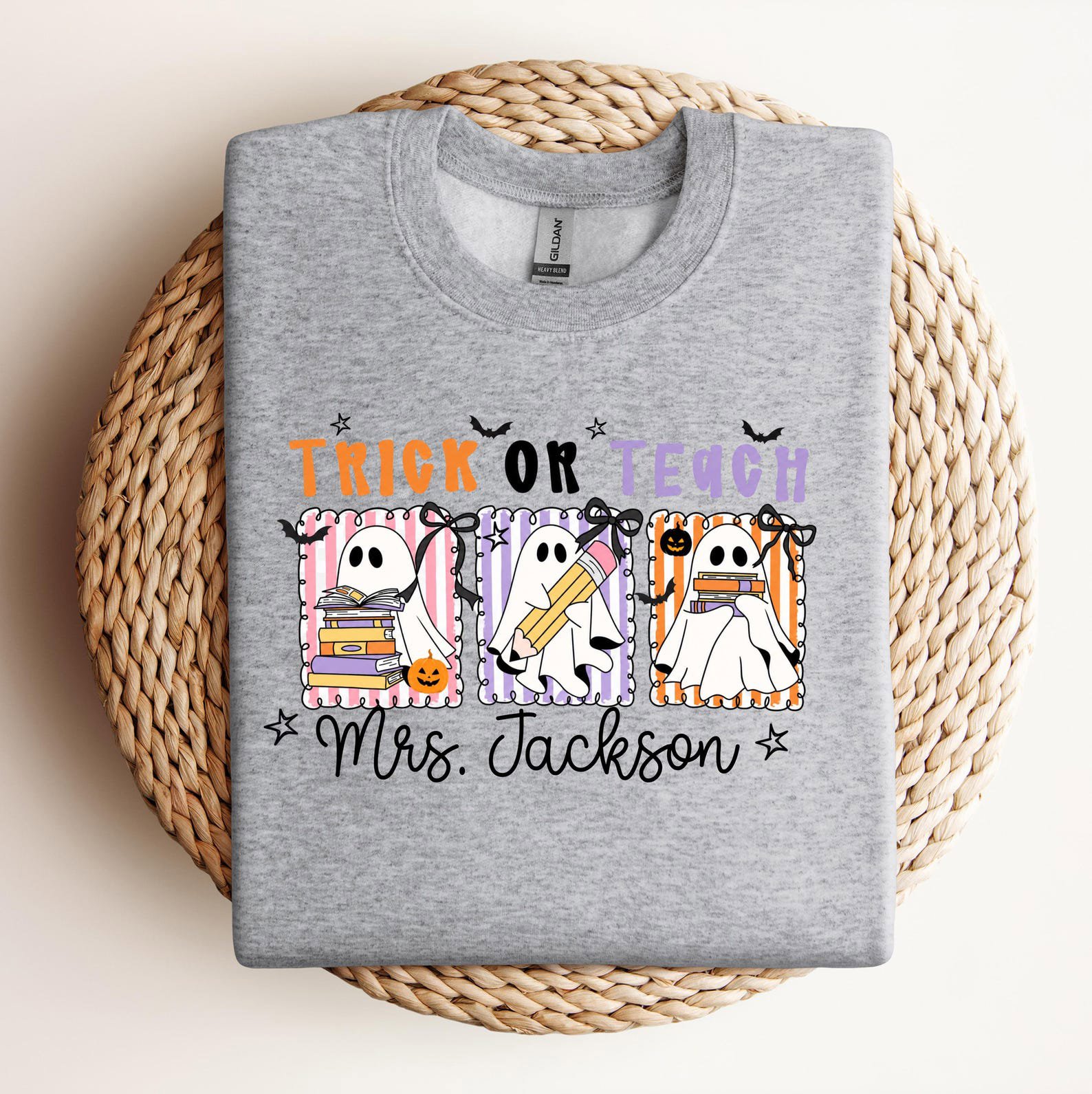 Custom Name Halloween Trick or Teach Teacher Shirt, Ghost Pencil Book Squad Graphic Sweatshirt For Matching School Outfit 6