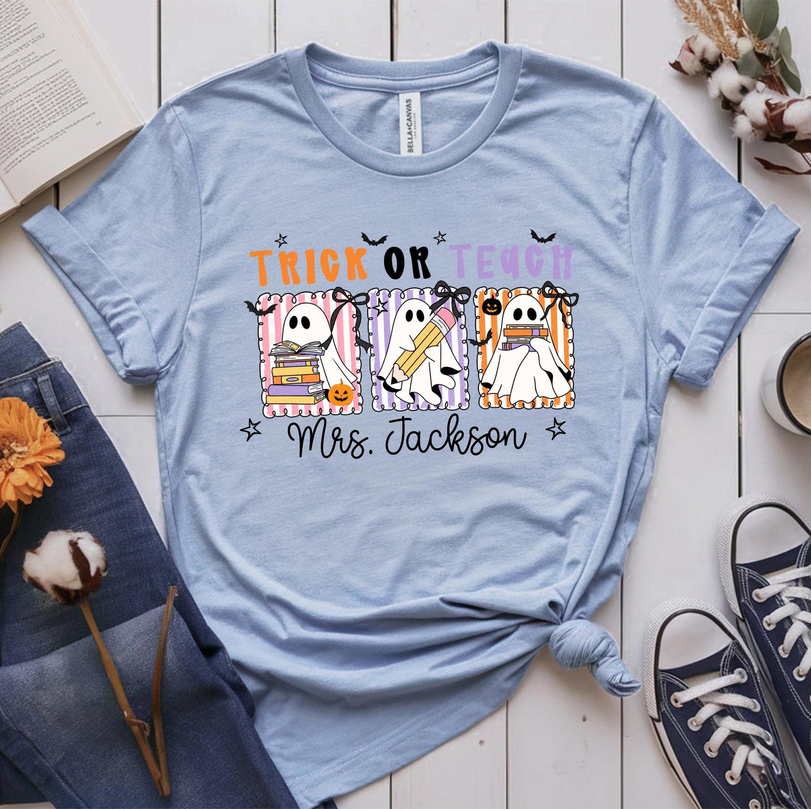 Custom Name Halloween Trick or Teach Teacher Shirt, Ghost Pencil Book Squad Graphic Sweatshirt For Matching School Outfit 7