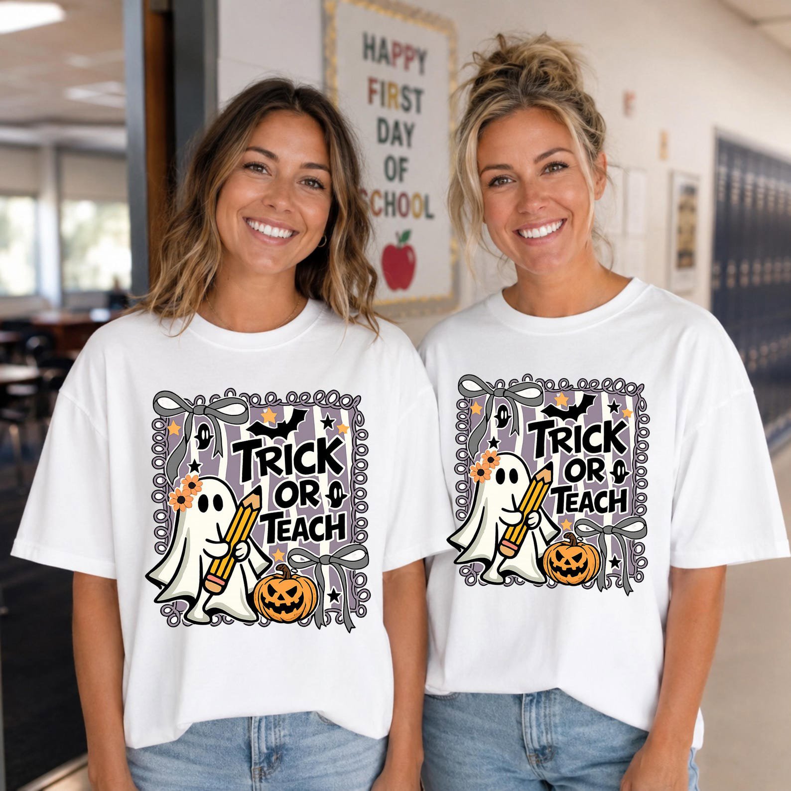 Matching Trick Or Teach Halloween Sweatshirt Pack, Pencil Ghost Pumkin Shirt For School Teachers 1