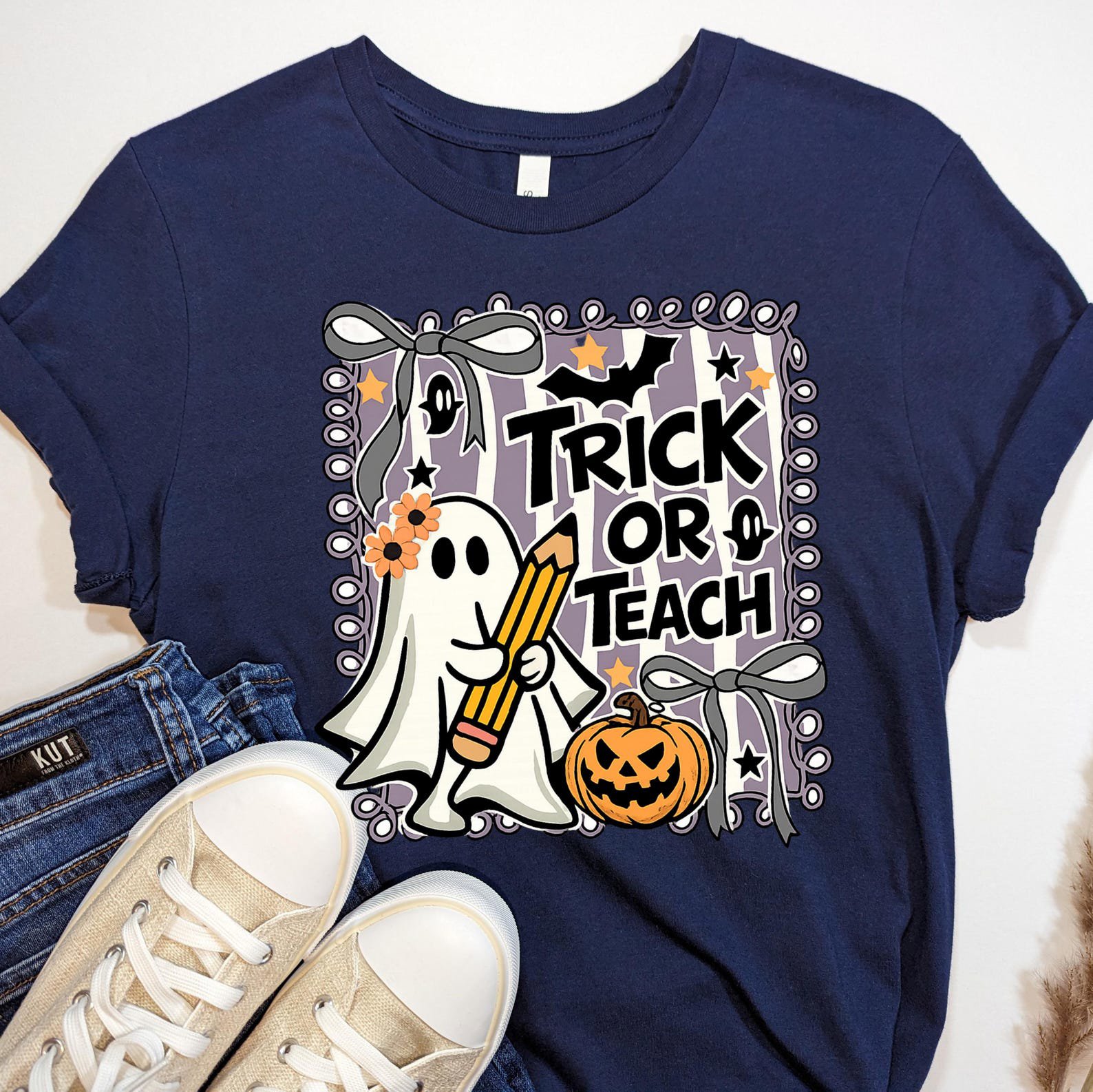 Matching Trick Or Teach Halloween Sweatshirt Pack, Pencil Ghost Pumkin Shirt For School Teachers 2