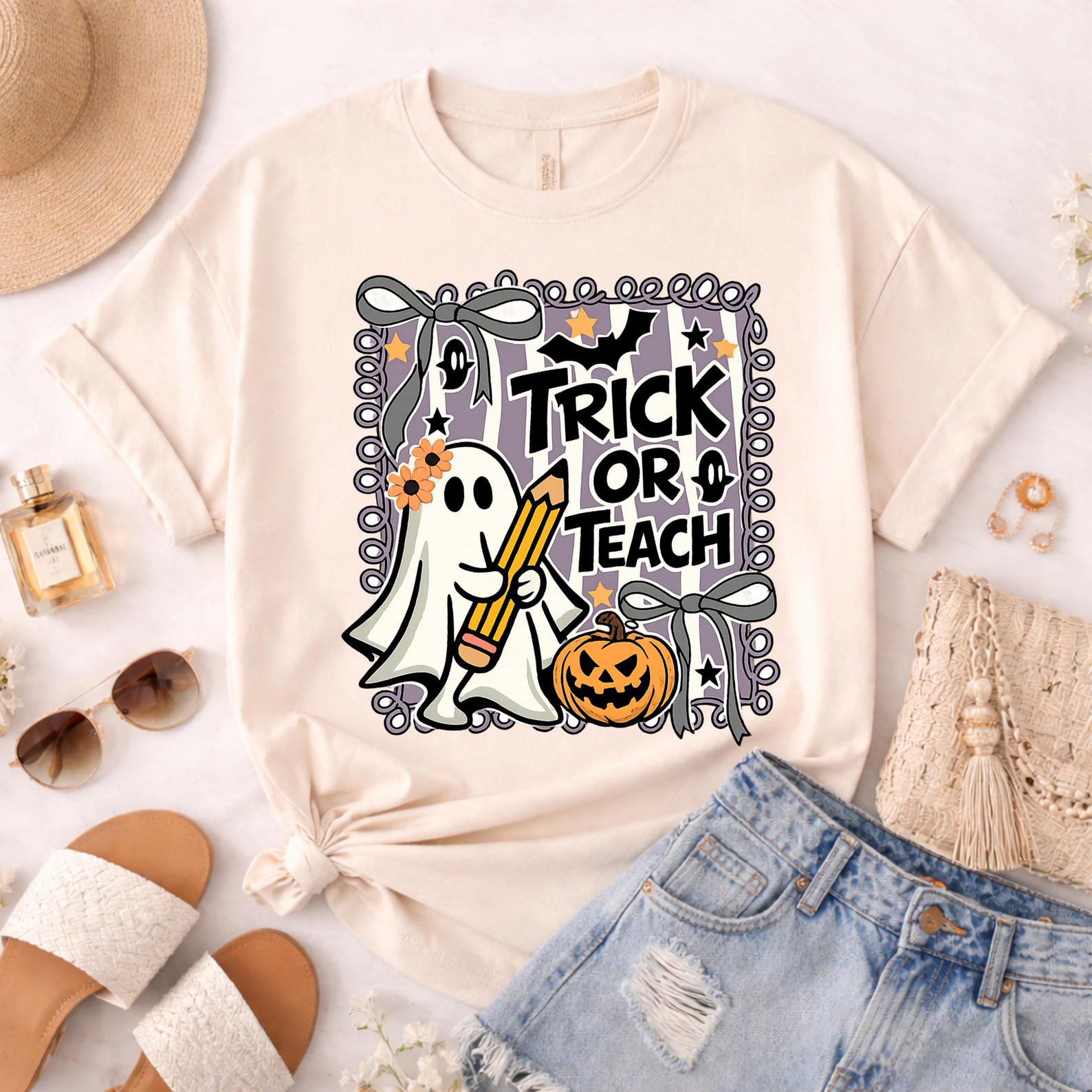 Matching Trick Or Teach Halloween Sweatshirt Pack, Pencil Ghost Pumkin Shirt For School Teachers 5